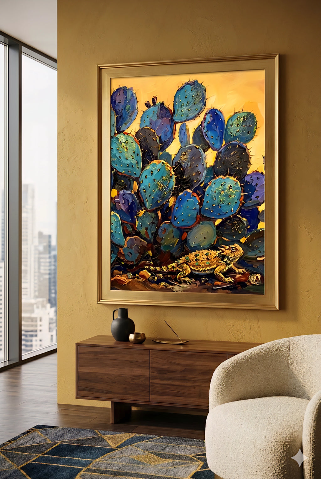 Blue cactus wall art in gold frame above modern wood console, Southwestern prickly pear painting in upscale living room with warm textured walls and neutral decor