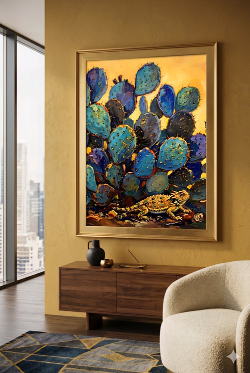 Blue cactus wall art in gold frame above modern wood console, Southwestern prickly pear painting in upscale living room with warm textured walls and neutral decor