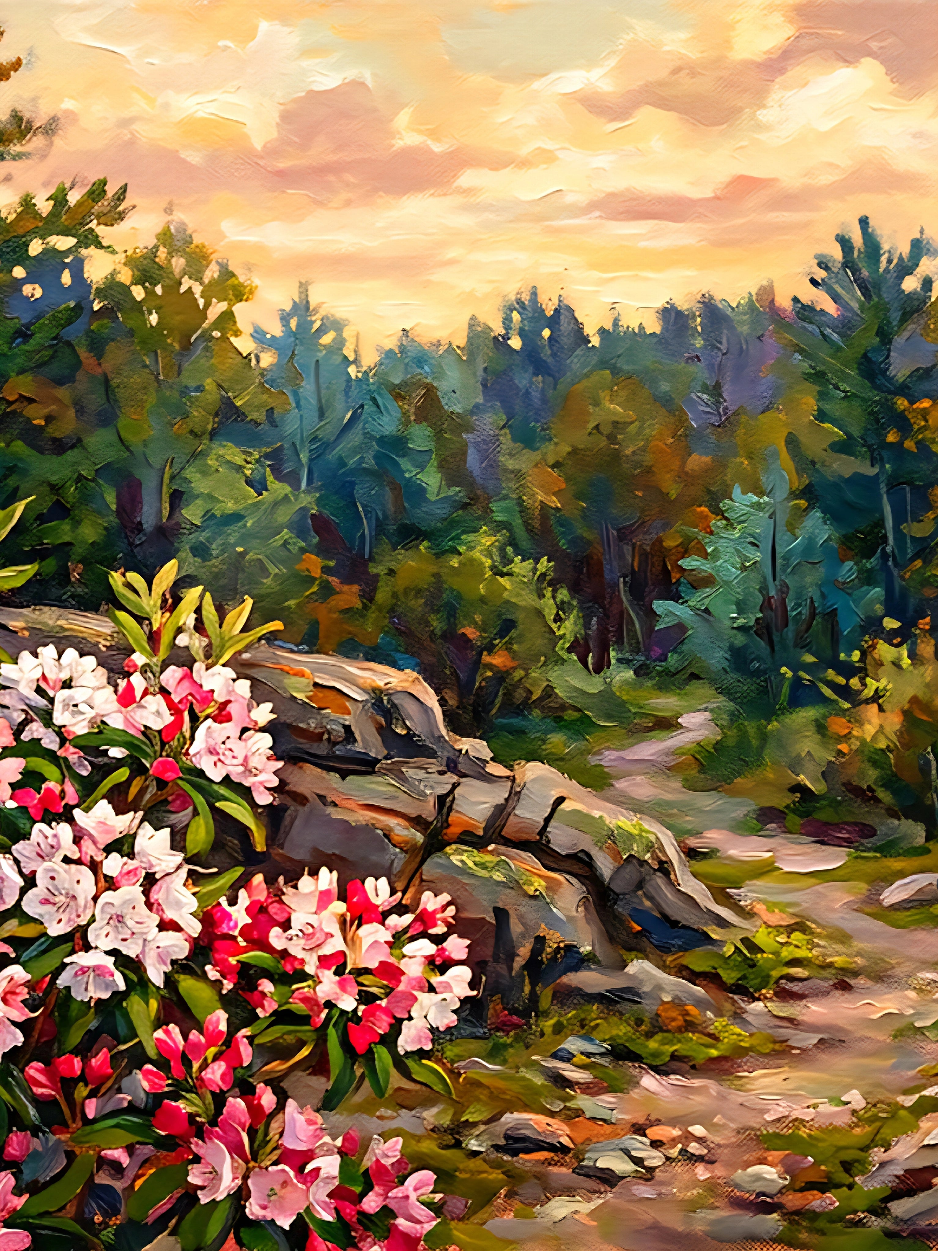 Vertical floral landscape wall art printable with pink blossoms, forest path, and warm sunset sky, colorful nature digital download for tall statement decor