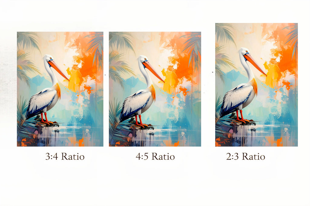 Three different aspect ratio designs of a pelican painting with colorful background.