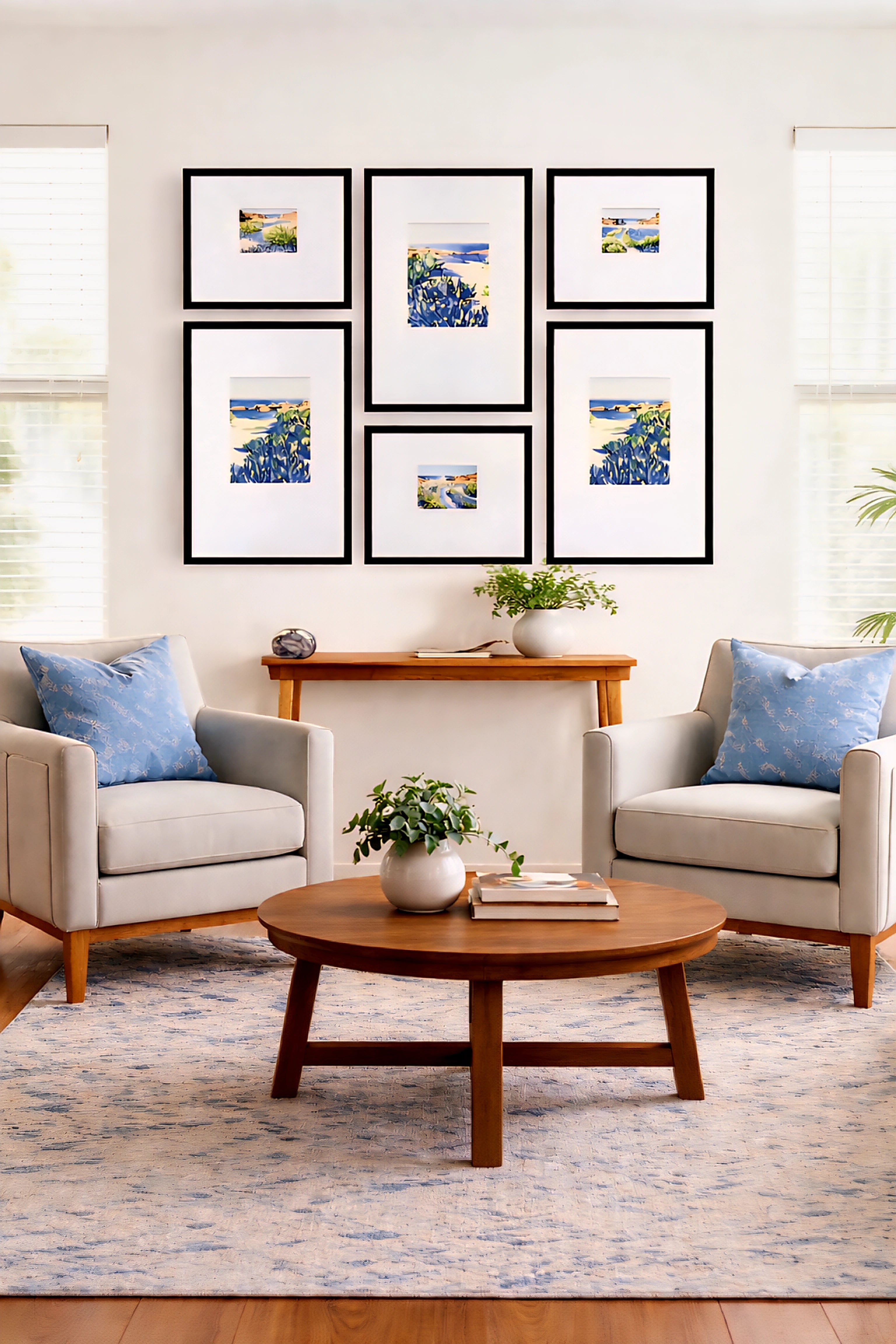 Modern coastal gallery wall bundle printable art set displayed above console table with blue seascape prints in black frames creating a cohesive living room decor layout