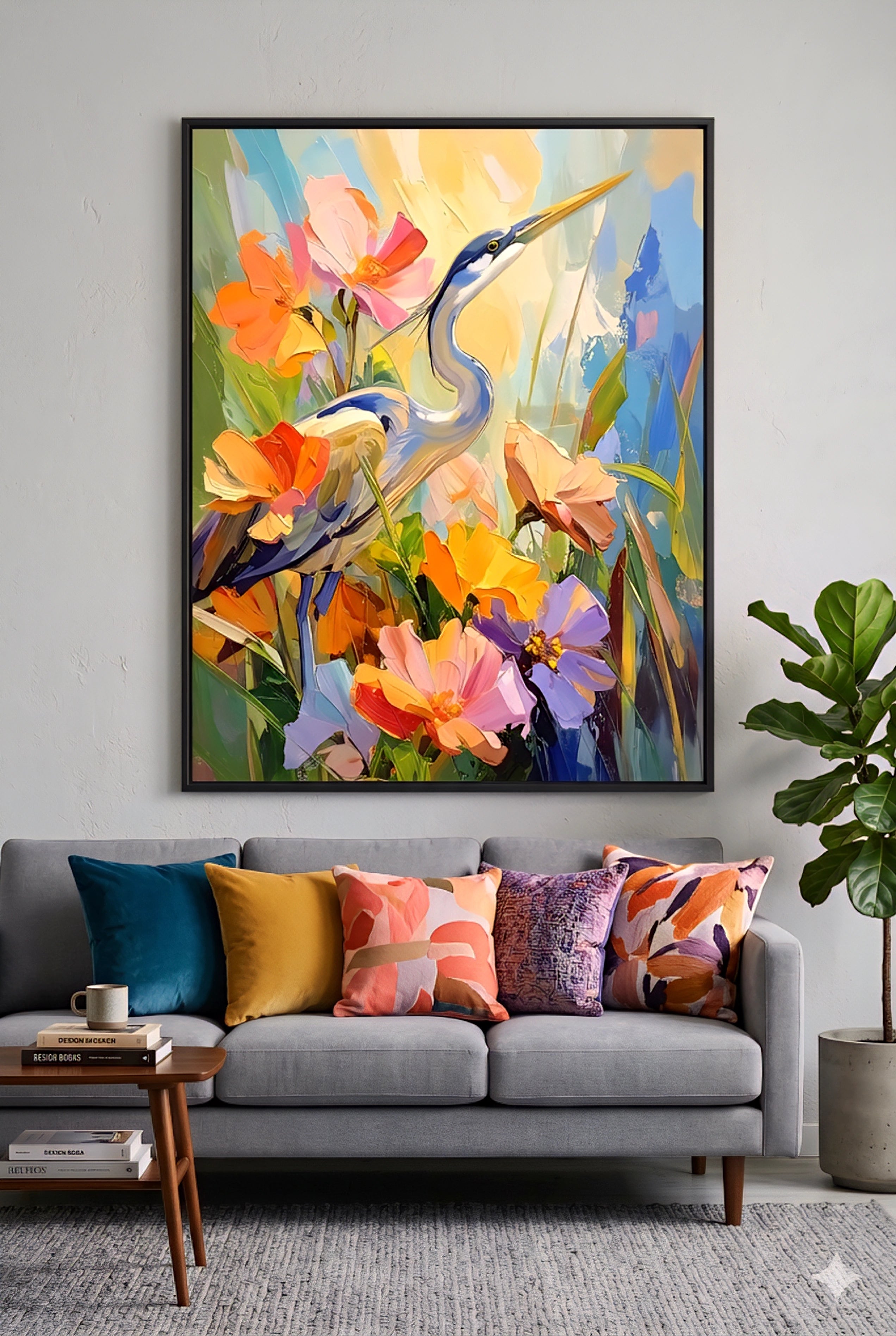 Large colorful heron floral wall art above gray sofa with vibrant pillows, modern living room decor idea featuring bold bird painting print that adds color, contrast, and designer style to neutral spaces
