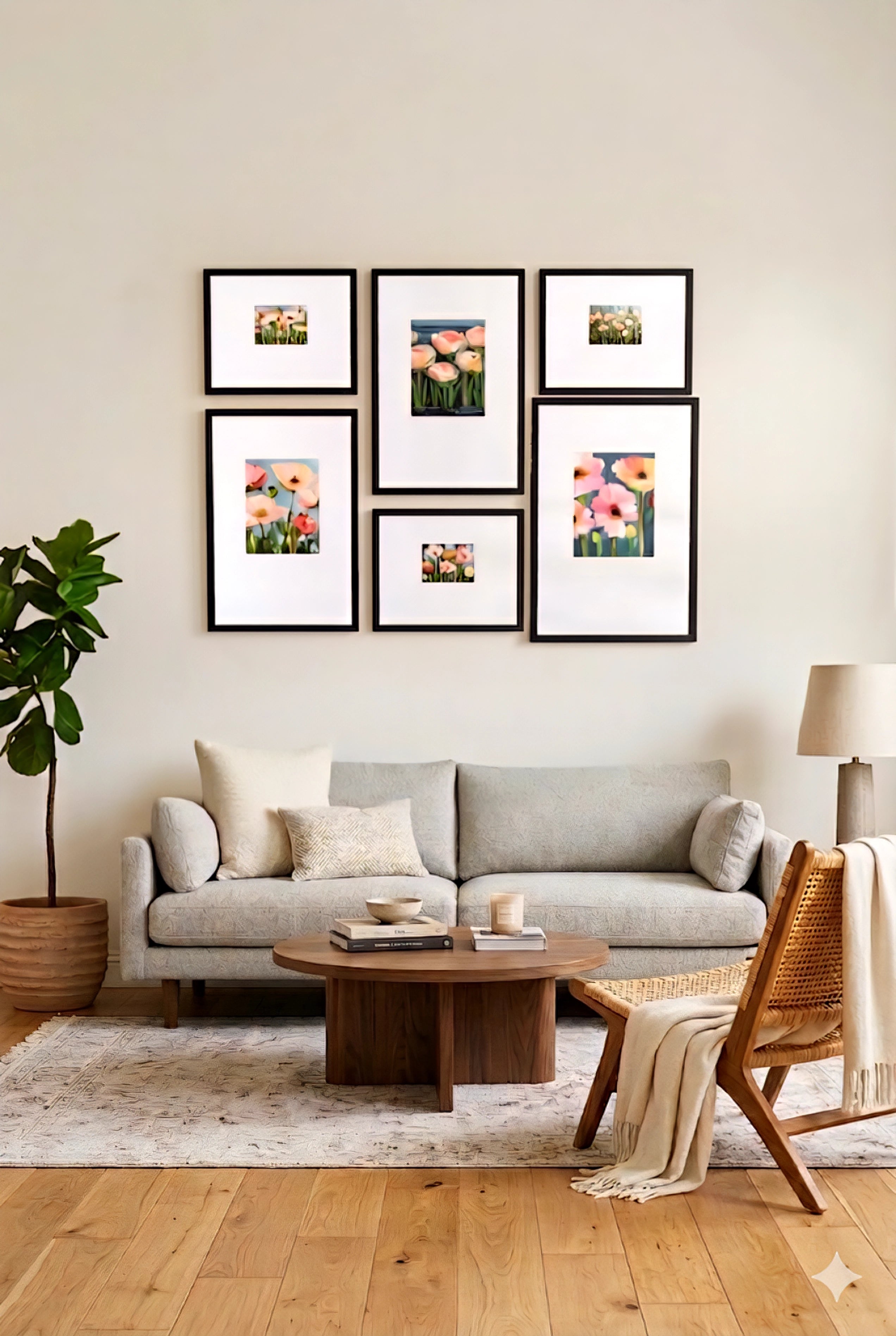 floral gallery wall art set of 6 printable flower prints in black frames styled above neutral sofa in modern living room with warm wood tones and minimalist decor
