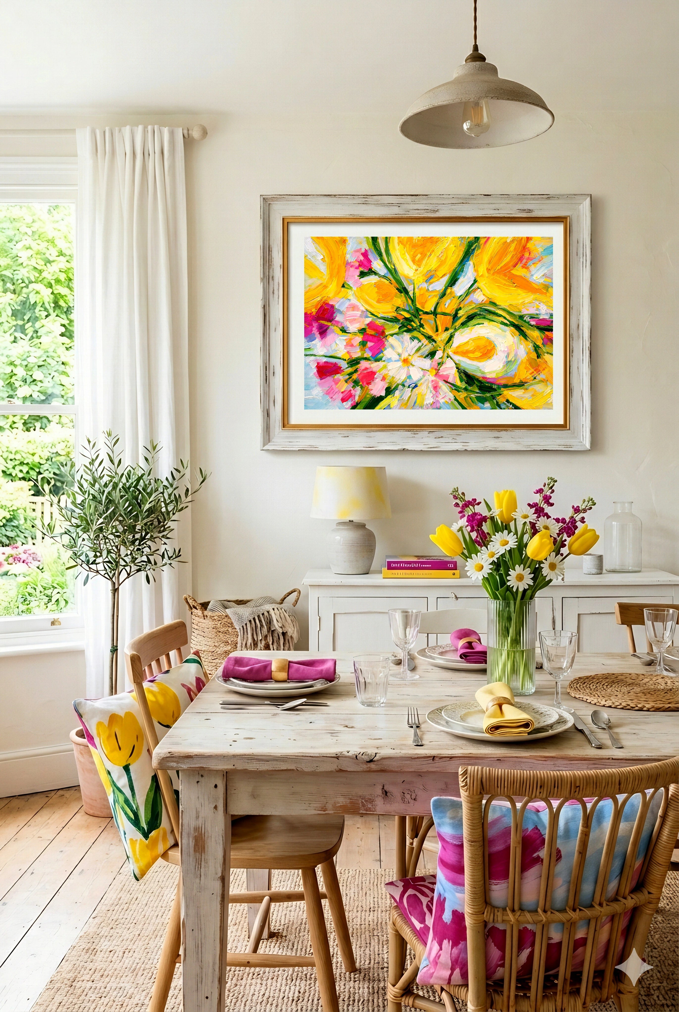 Colorful yellow and pink floral abstract wall art above a rustic wood dining table with fresh flowers, woven textures, and natural light, creating a warm, inviting dining room decorinspo