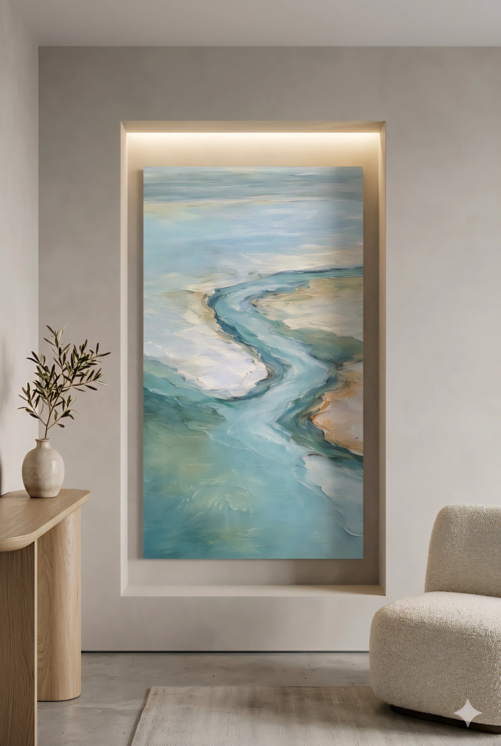 Modern coastal niche with large vertical ocean artwork, neutral decor, wood console and soft textured chair