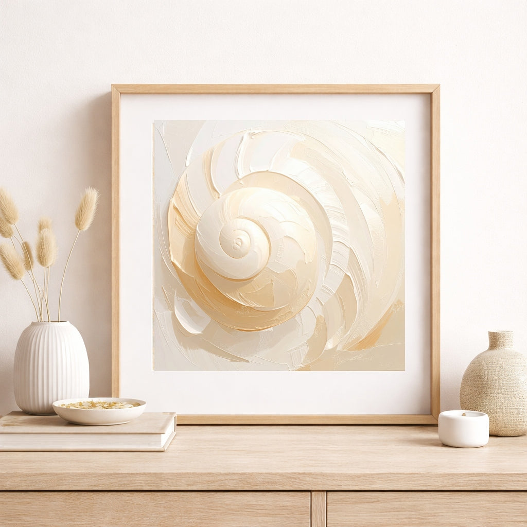 Abstract spiral shell wall art, neutral coastal decor, beige textured swirl painting, minimalist ocean-inspired print, modern organic artwork, soft cream aesthetic home decor.