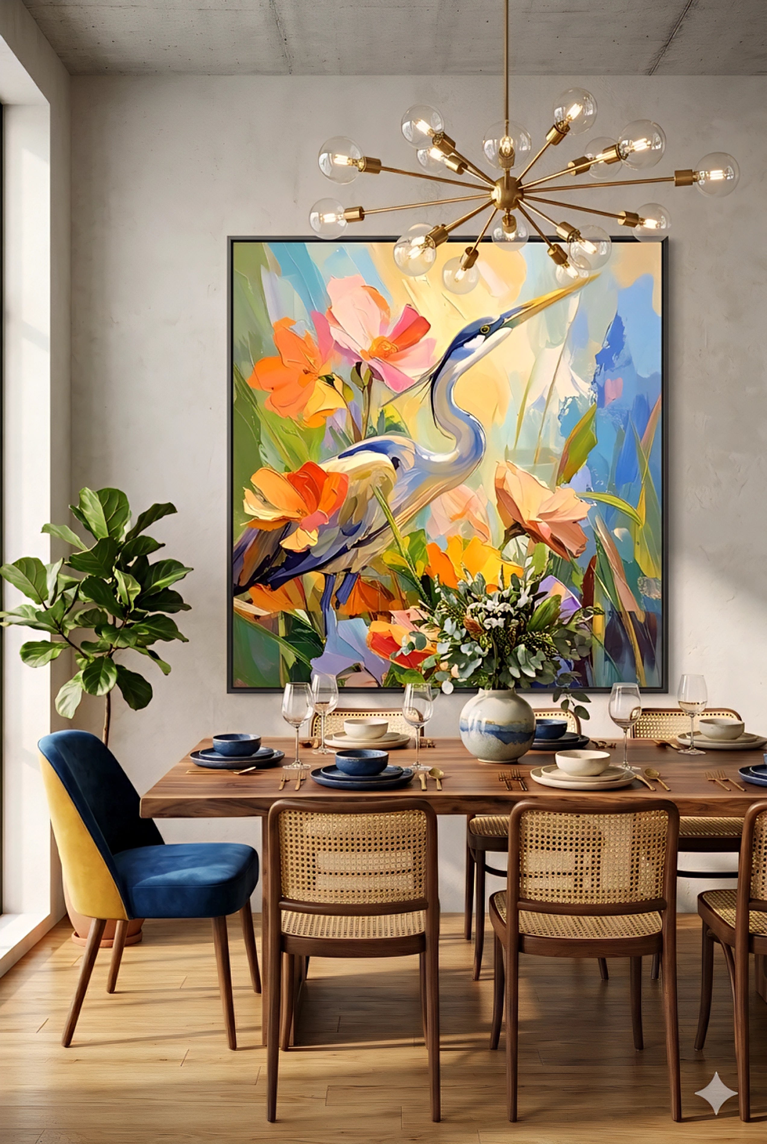 Large colorful heron floral wall art in modern dining room with wood table, woven chairs, and statement chandelier, bold bird painting print adding vibrant color and upscale designer style to dining space