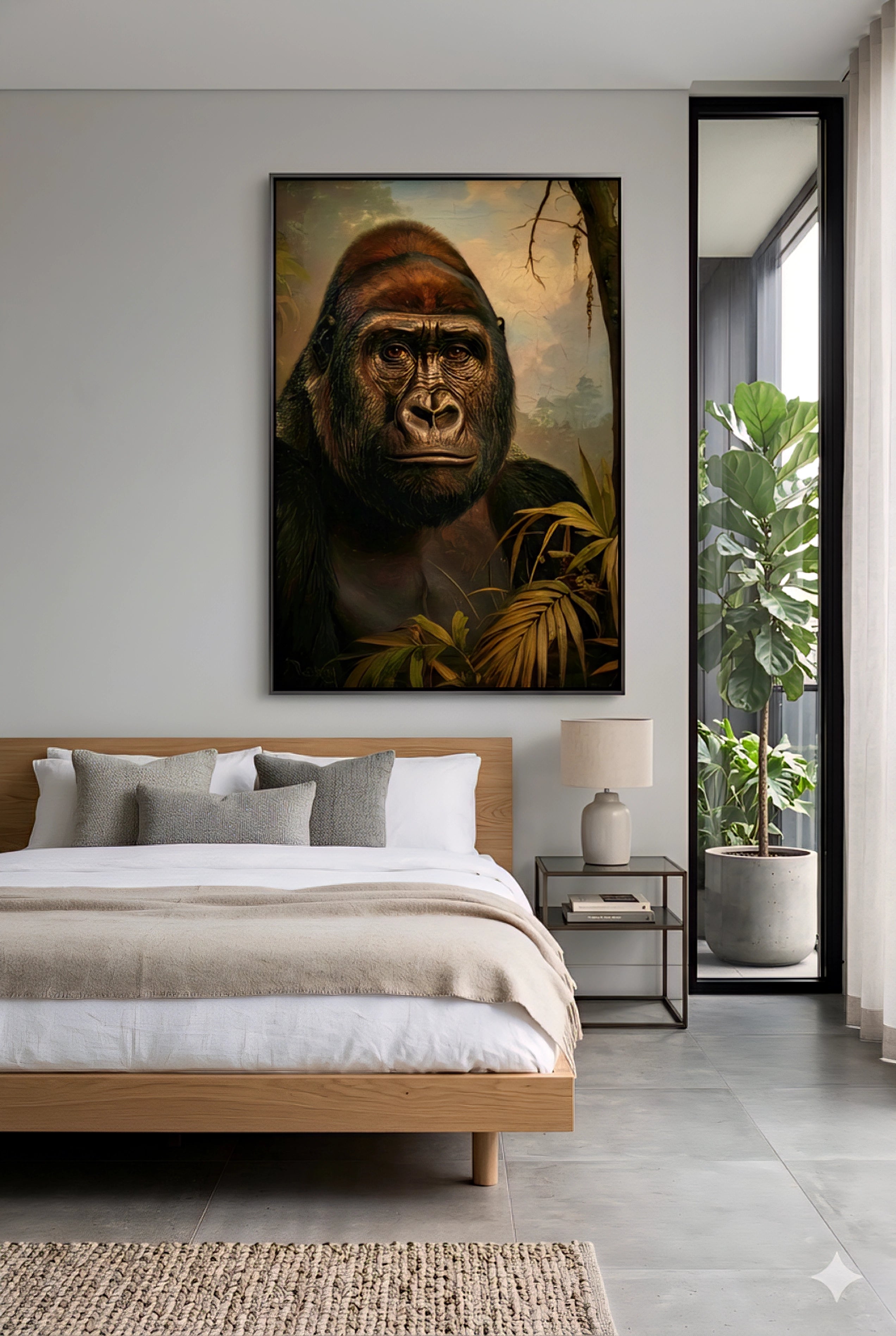 Large gorilla portrait wall art digital print styled above modern bed in neutral bedroom with wood furniture and natural light