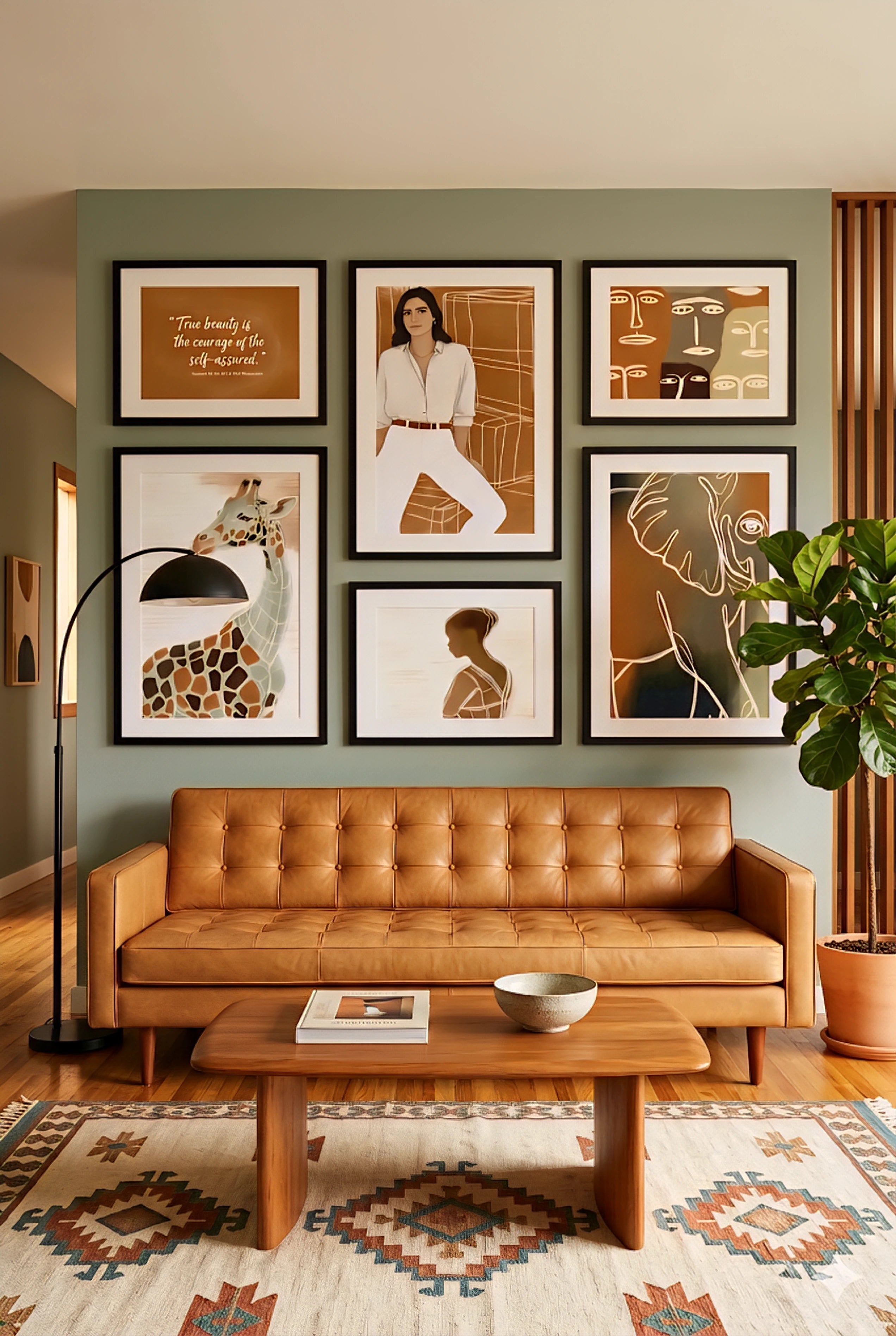 Earth tone safari gallery wall set of 6 above tan leather sofa with giraffe, elephant, abstract and portrait prints in modern living room