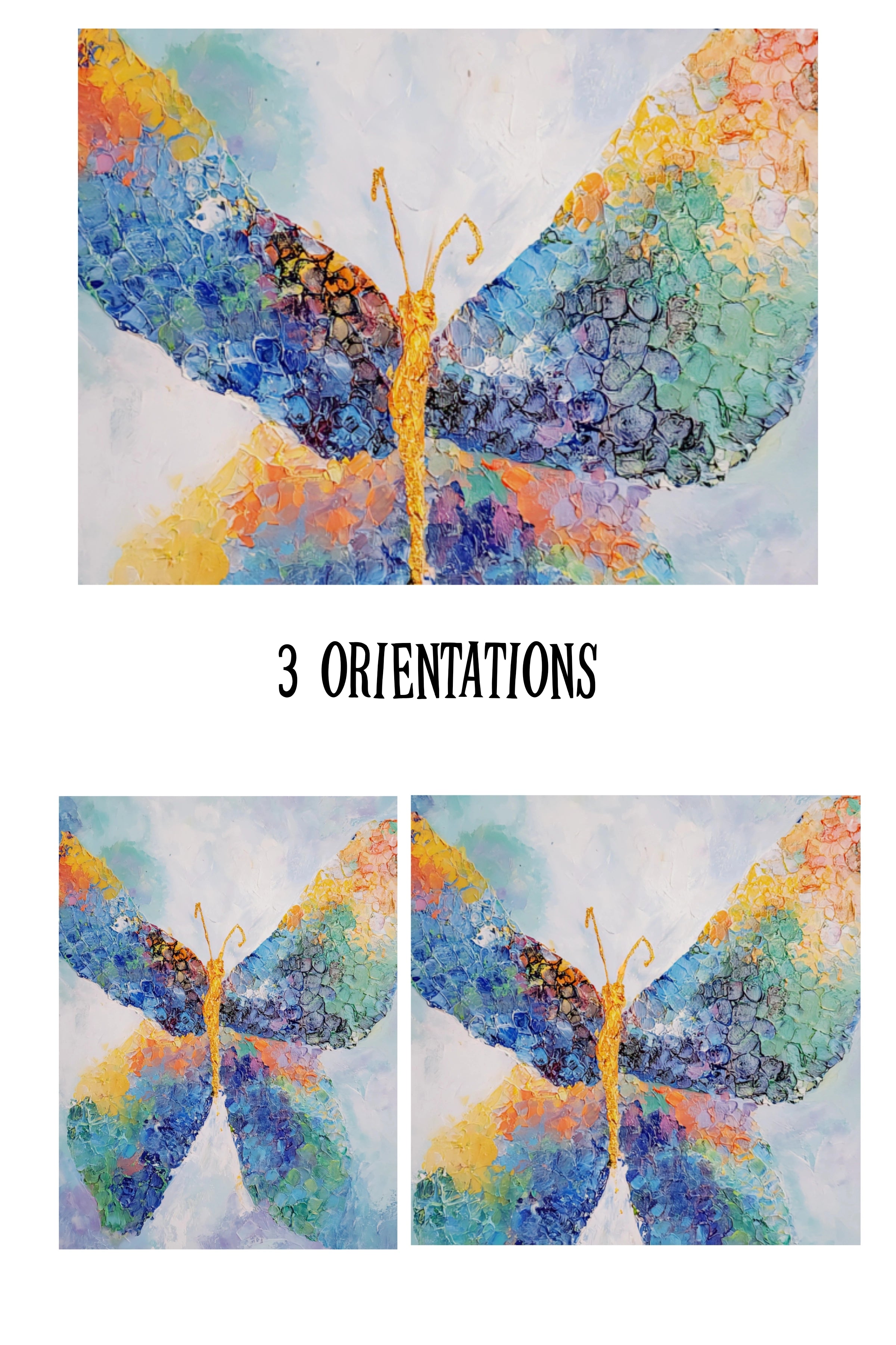 Colorful butterfly design with '3 Orientations' text on a white background
