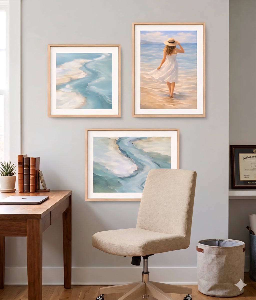 Coastal wall art set of 3 prints styled in a home office, soft ocean abstract artwork and beach decor.