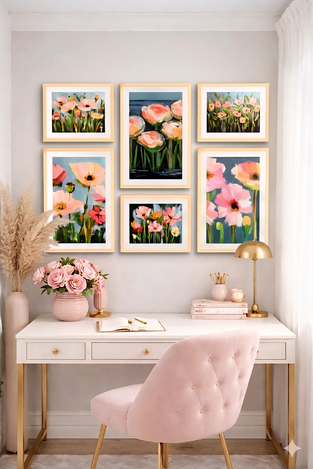 floral gallery wall art set of 6 printable flower prints in light wood frames styled above feminine desk with pink chair and gold accents in soft elegant home office