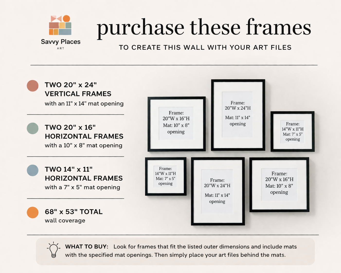 Printable gallery wall frame guide with exact sizes and mat openings, how to create gallery wall layout, digital download wall art instructions, affordable designer decorinspo Savvy Places