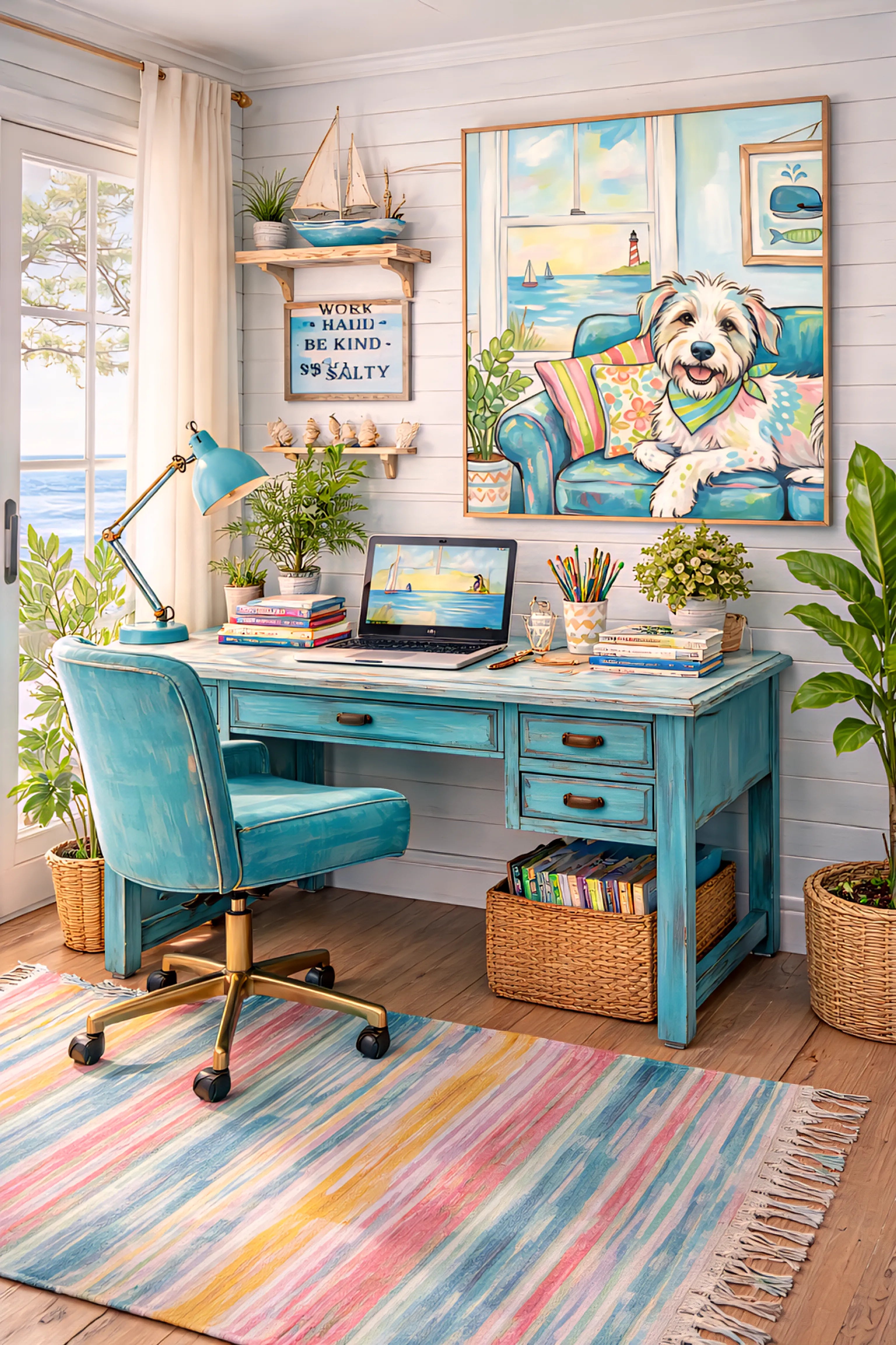 Coastal cottage home office with aqua desk and chair, colorful dog wall art above workspace, beach view window, pastel rug, and seaside decor accents