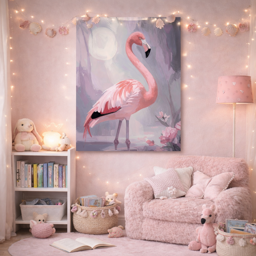 Blush flamingo wall art in cozy pink nursery with fairy lights and soft plush decor.