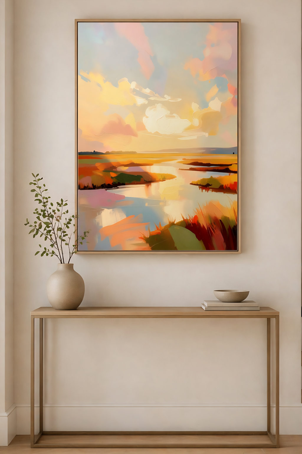 Savvy Places framed low country marsh wall art in minimalist entryway with soft sunset colors, modern console table, and neutral decor styling