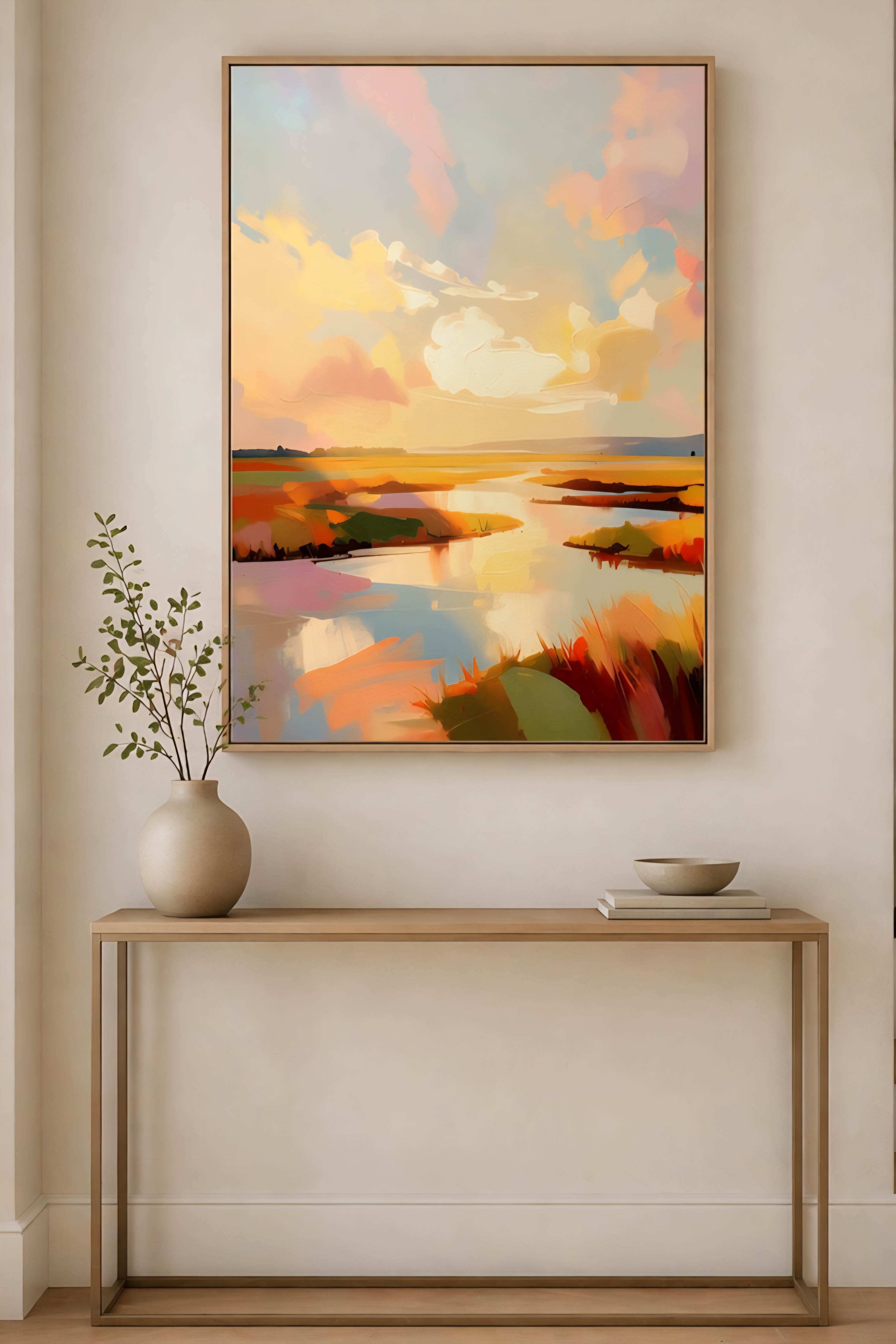 Savvy Places framed low country marsh wall art in minimalist entryway with soft sunset colors, modern console table, and neutral decor styling