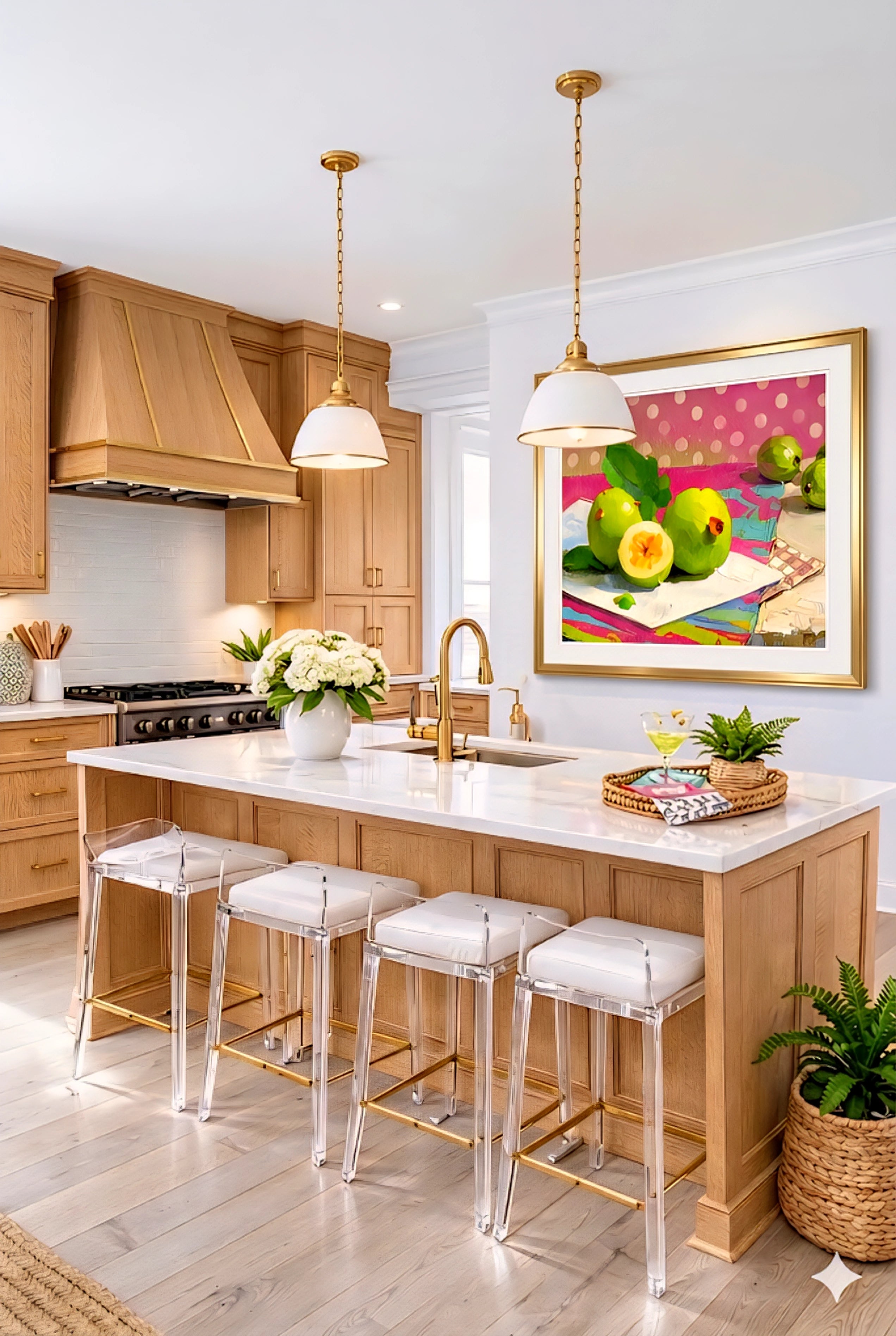Modern kitchen with light wood cabinets and white island, gold fixtures, acrylic bar stools, and colorful fruit wall art print, bright contemporary decor, digital download artwork for kitchen styling