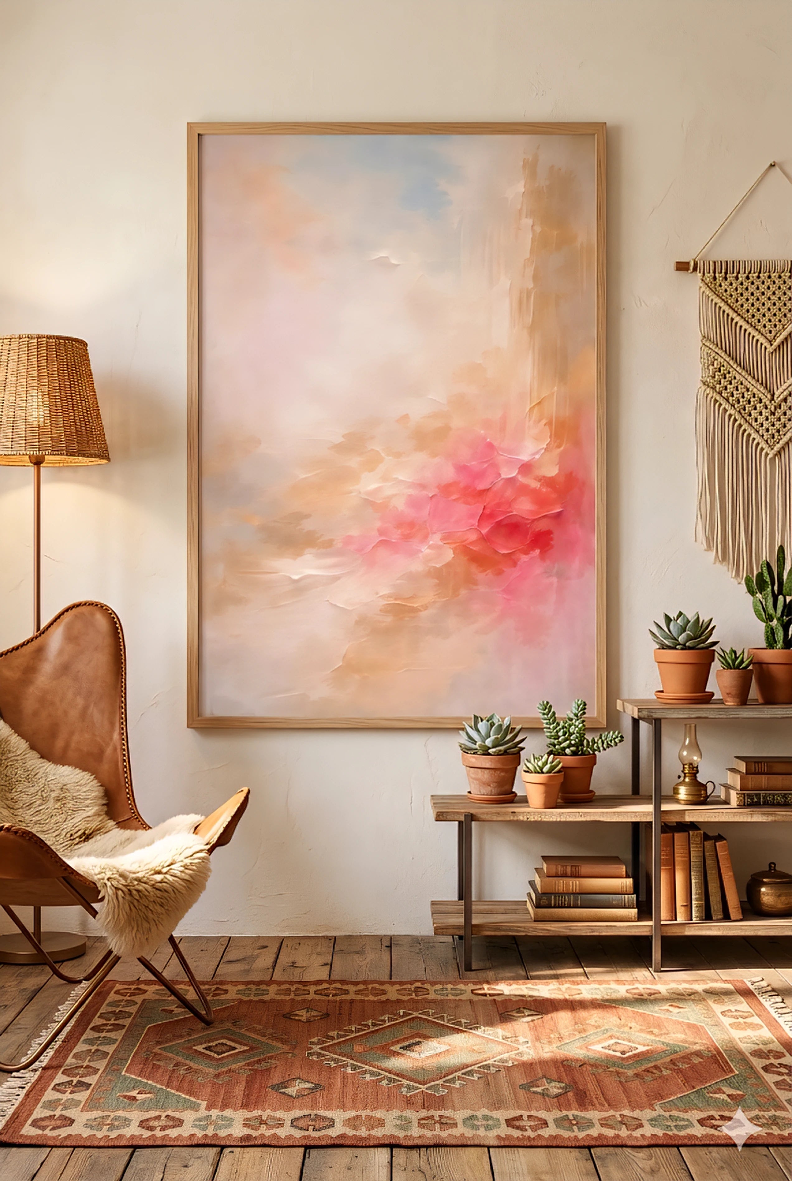 Boho living room with coral abstract printable wall art, warm neutral tones, leather chair, macrame wall hanging, plants, and cozy textured decor styling