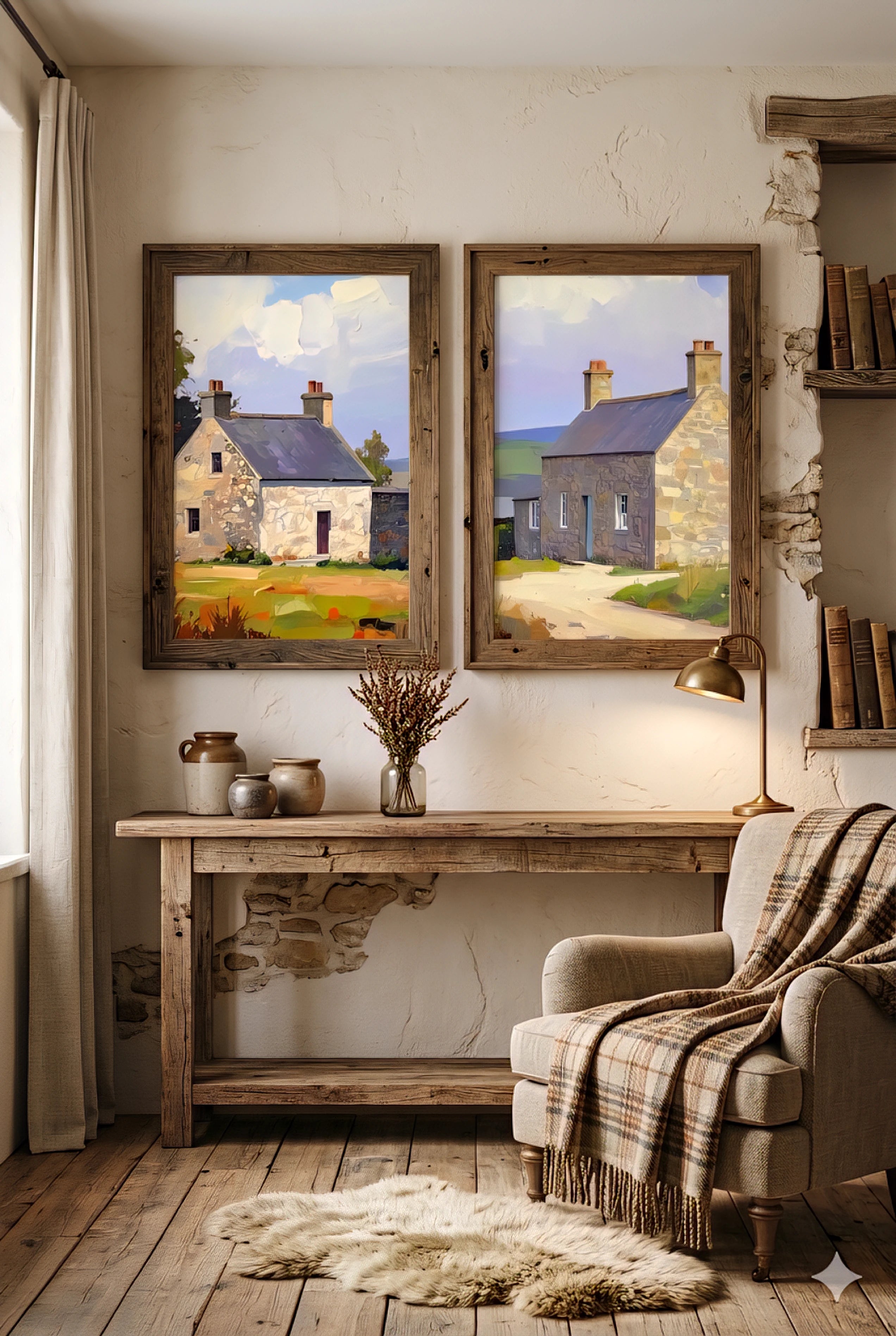 Rustic cottagecore landscape wall art set displayed as vertical crop prints in a farmhouse interior, original horizontal artwork included in full download