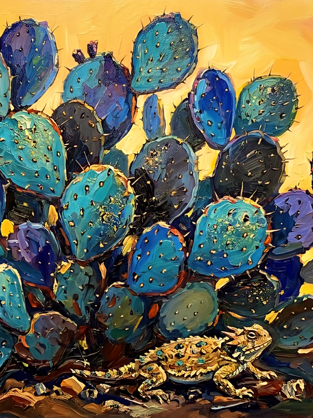 Blue cactus wall art vertical composition, vibrant prickly pear desert painting with teal and navy tones, textured modern Southwestern artwork with golden sky and desert lizard detail