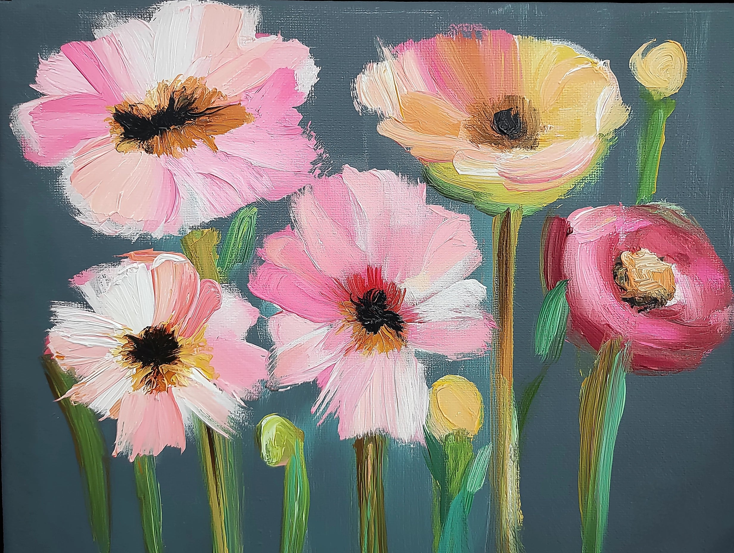Colorful floral digital painting on a dark background