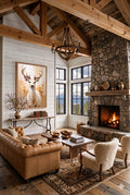Savvy places modern deer digital wall art in mountain modern cabin living room, wildlife artwork on shiplap wall, stone fireplace, mountain views, cozy lodge decor styling