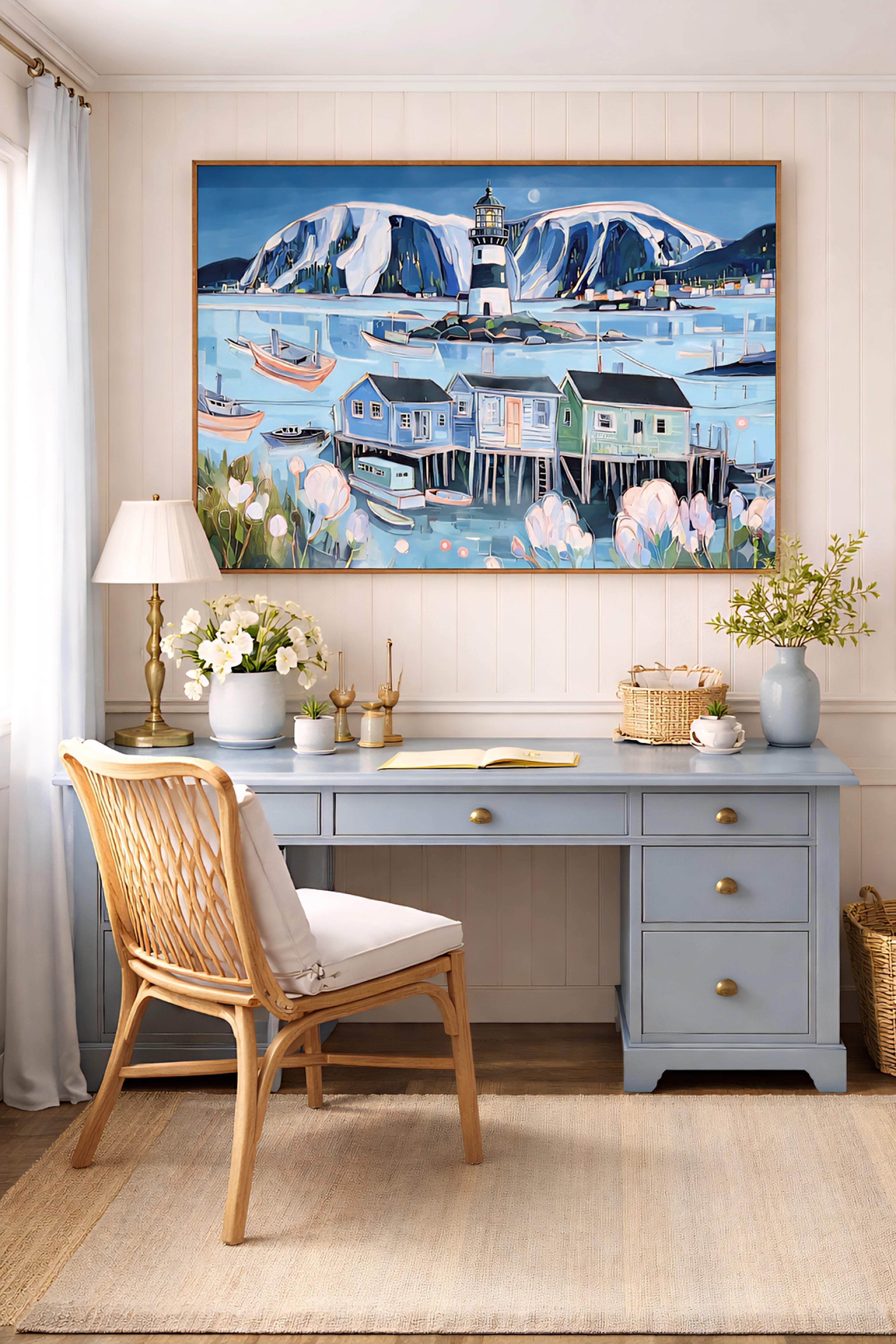 Coastal cottage home office wall art mockup with horizontal lighthouse harbor painting in wood frame above blue desk, woven chair, soft neutral decor, beach house workspace inspiration
