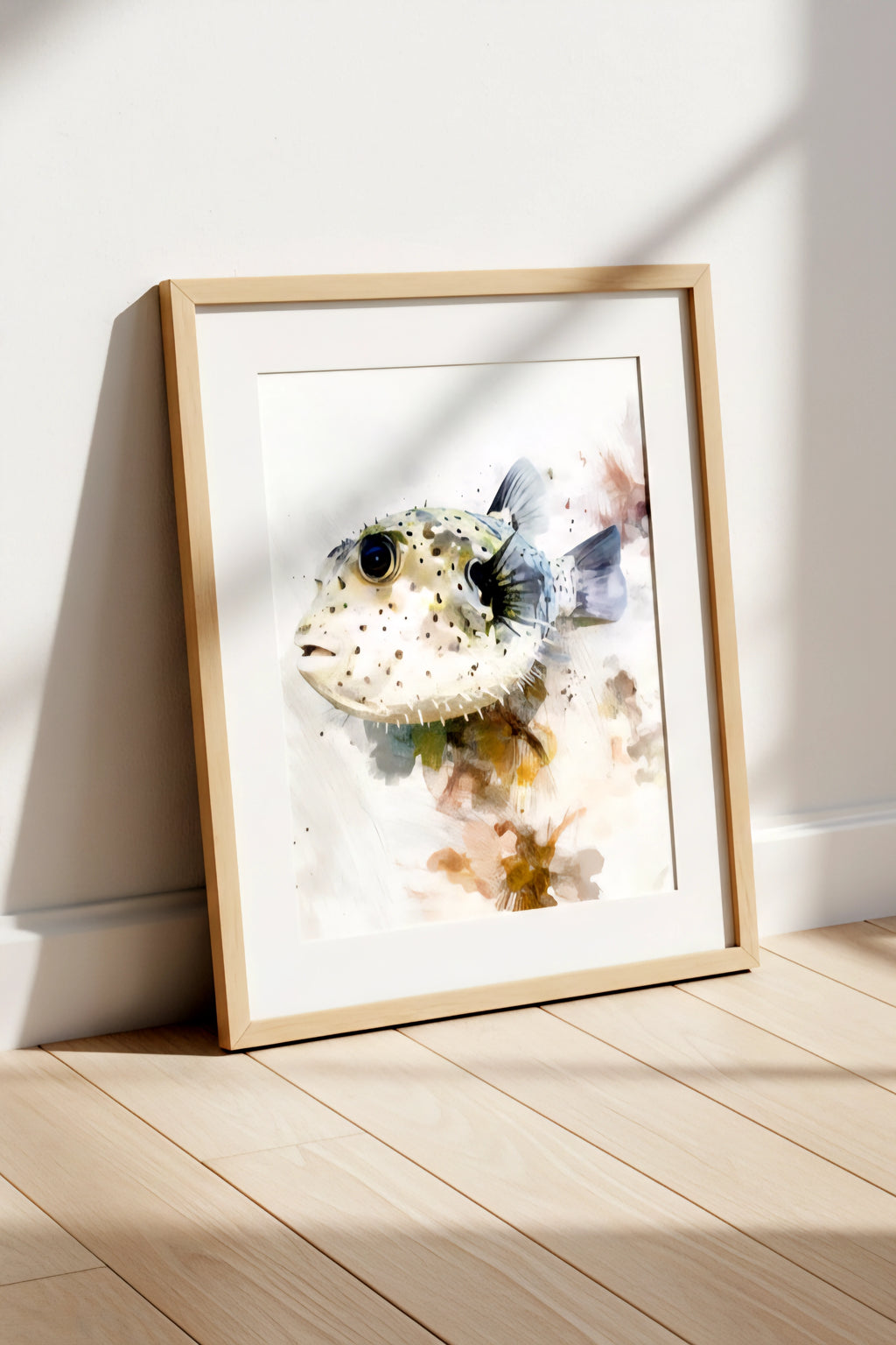 Framed artwork of a printable  pufferfish on a white wall with wooden floor