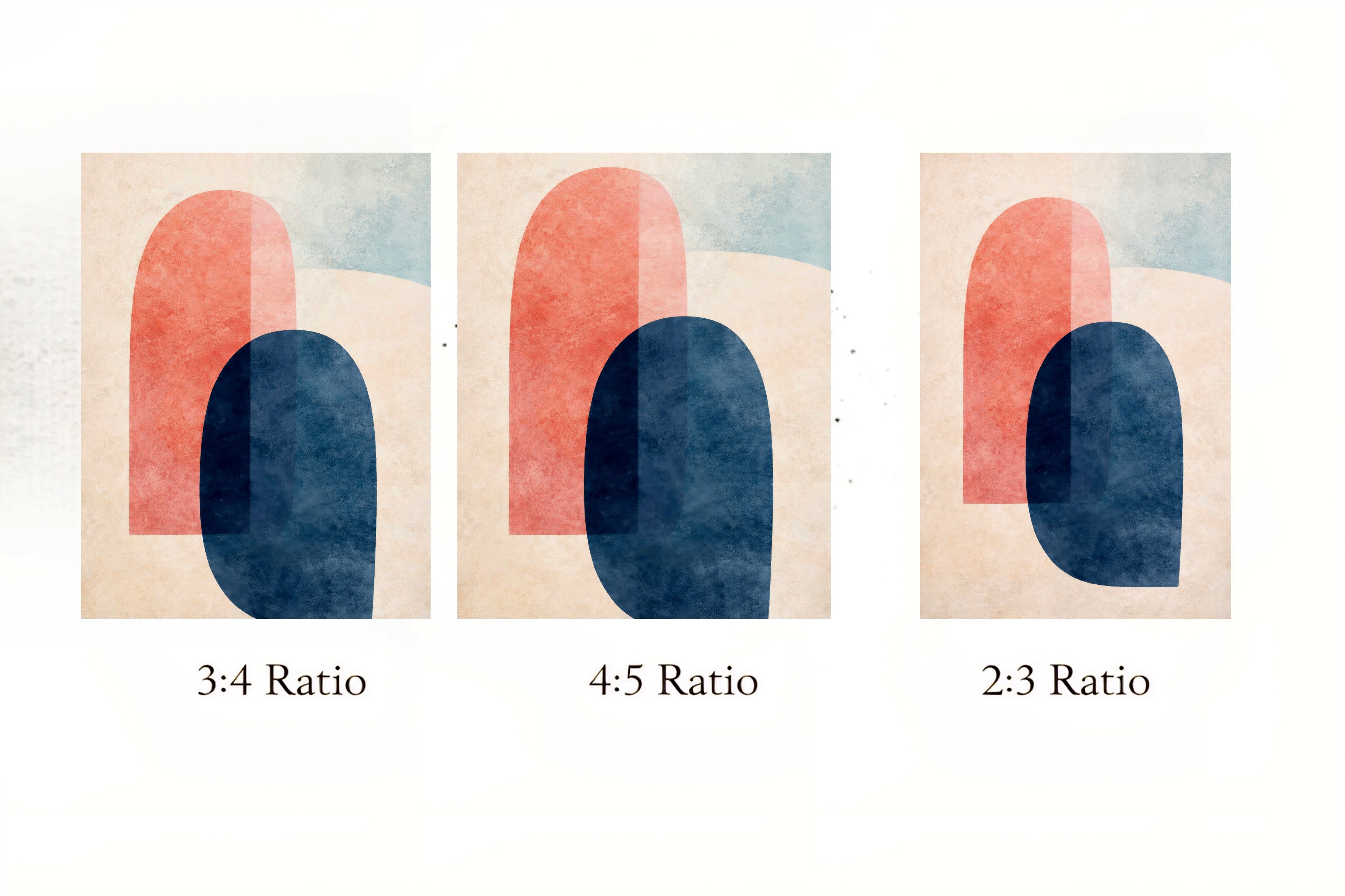 Three abstract art pieces with different aspect ratios on a white background