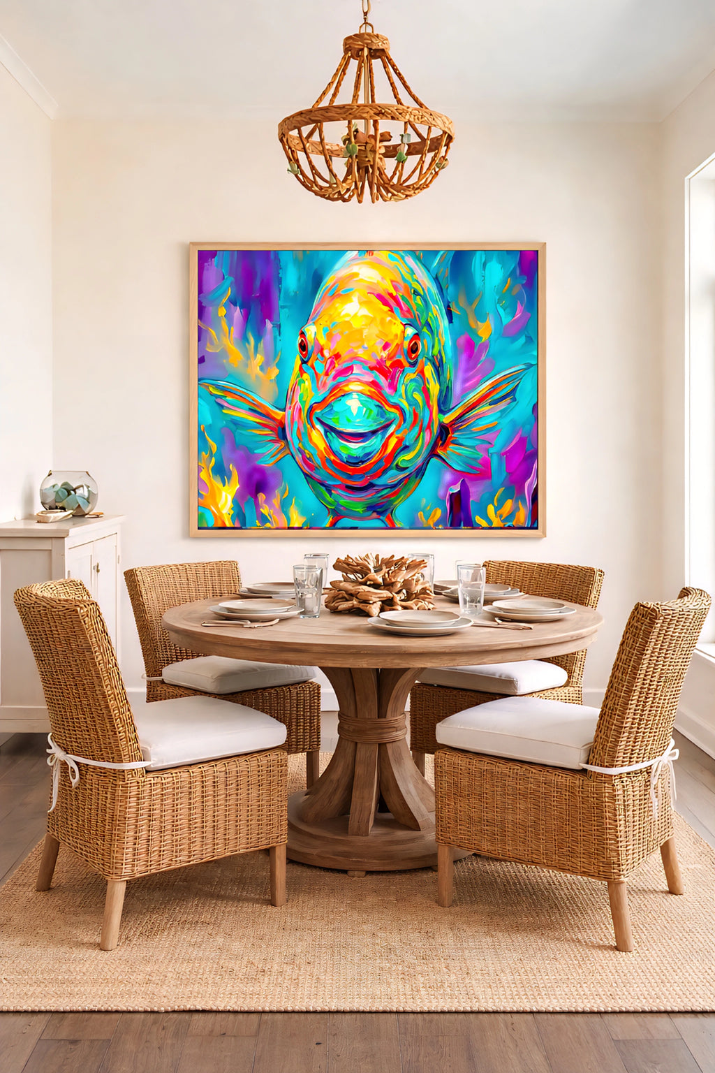 Colorful parrotfish wall art in bold neon tones displayed above a round dining table in a bright coastal dining room, vibrant tropical fish artwork adding a striking focal point to woven textures, natural wood furniture, and airy neutral decor.
