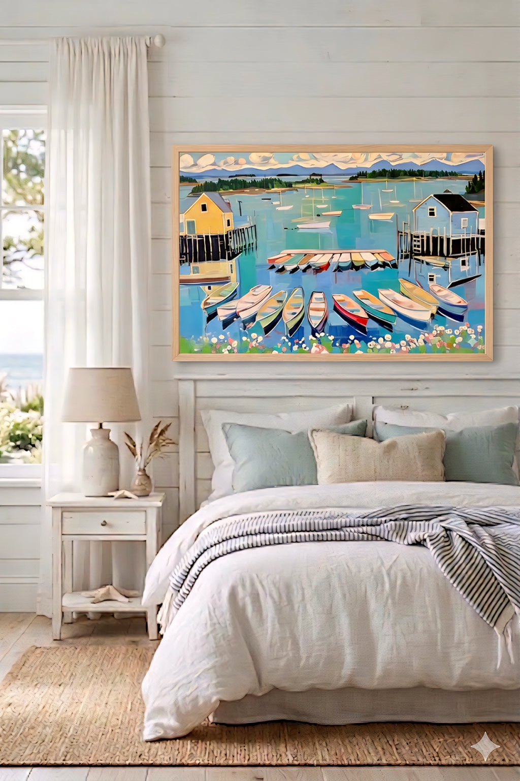 Coastal harbor printable wall art digital download above bed in bright beach cottage bedroom with soft blue and neutral decor