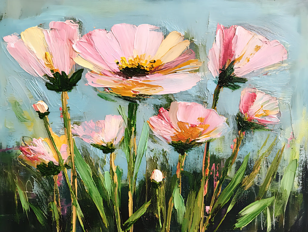 Painting of pink flowers with green leaves on a blue background digital download 