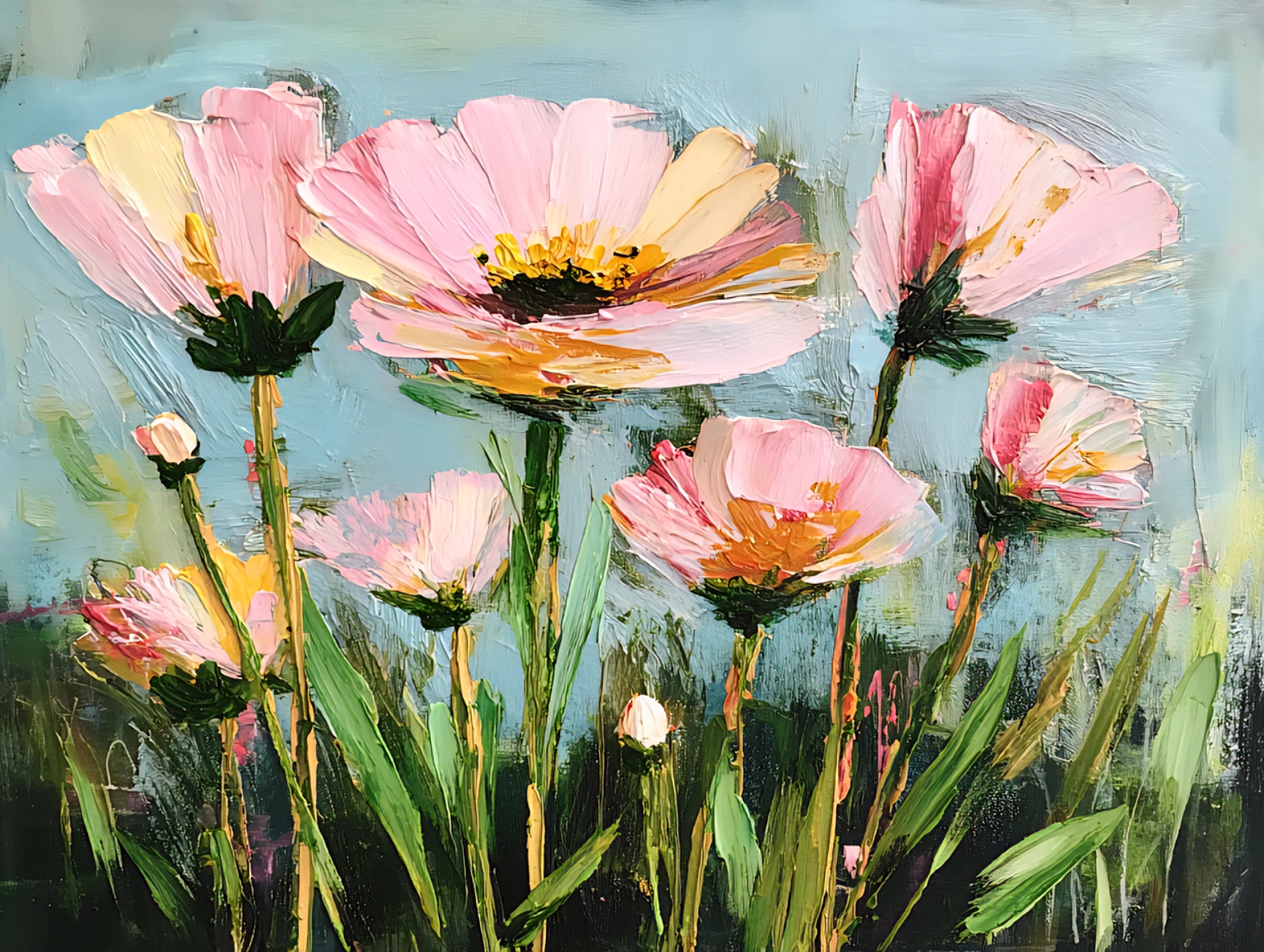 Painting of pink flowers with green leaves on a blue background digital download 