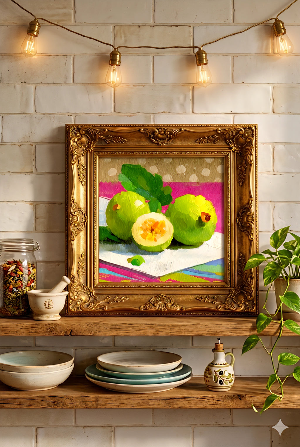 Vintage kitchen shelf with ornate gold framed fruit wall art, rustic wood shelving, white tile backsplash, warm string lights, plants and dishes, colorful still life digital print for kitchen decor