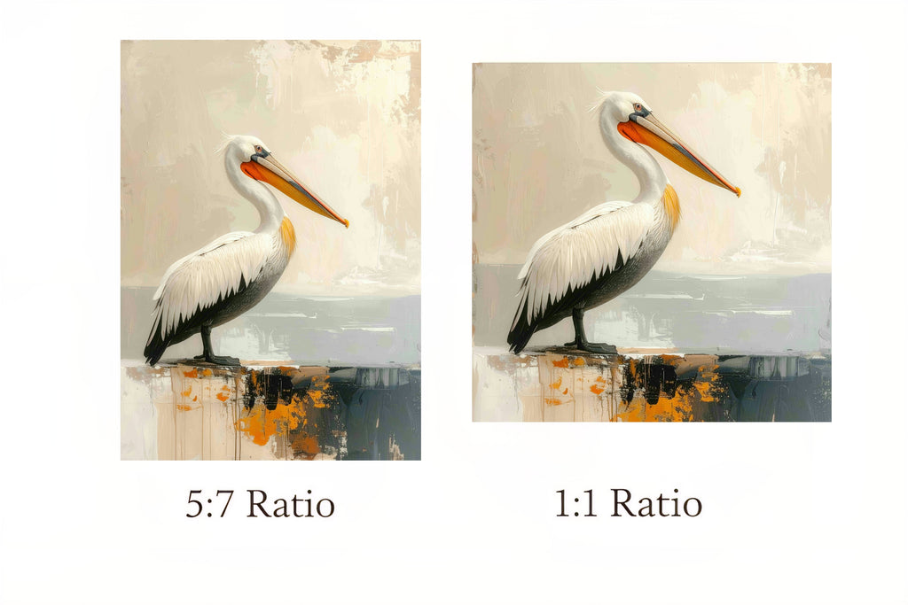 Two images of a pelican with text indicating 5:7 and 1:1 aspect ratios.