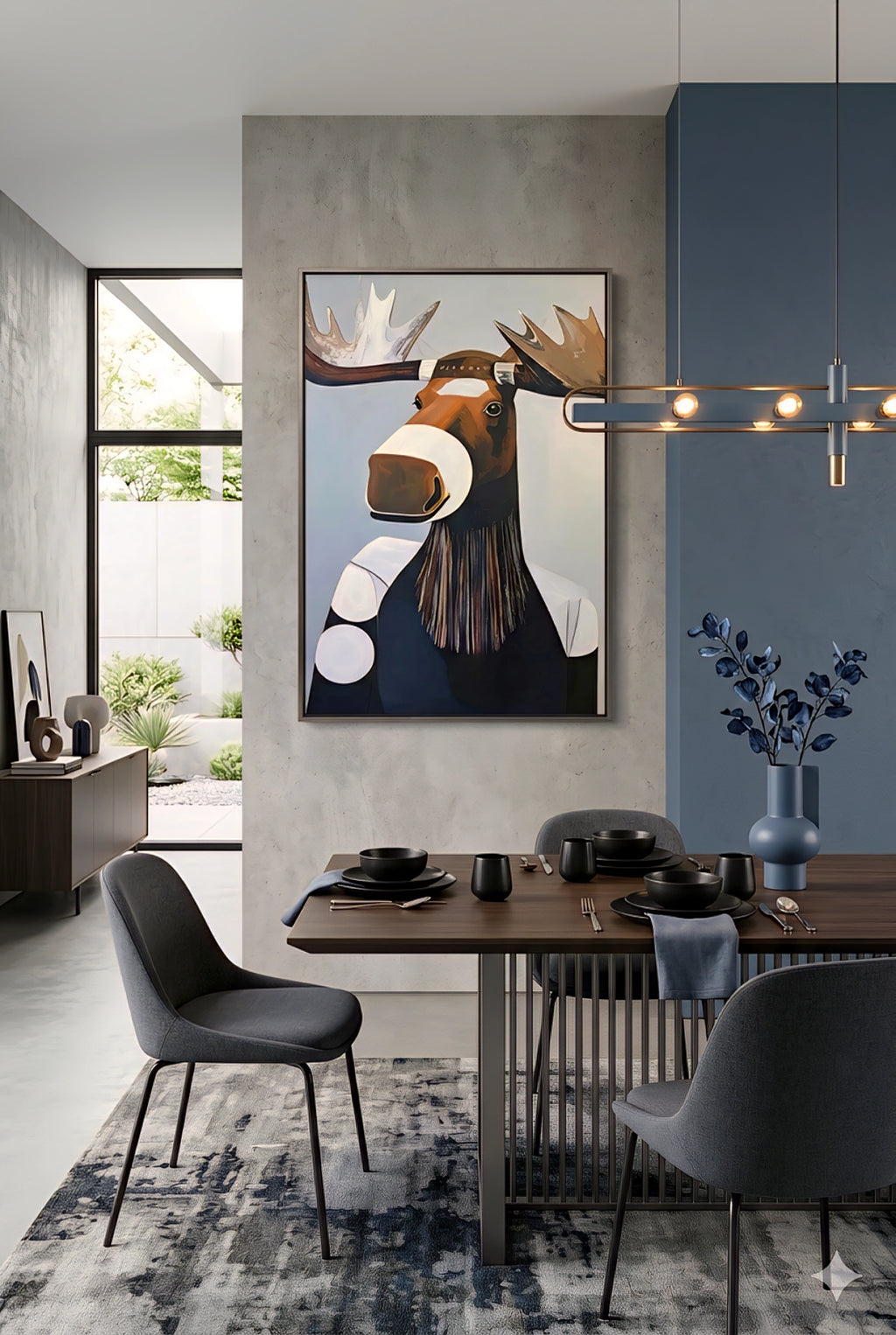Modern dining room with large moose wall art, neutral tones, sleek furniture, and contemporary styling for a clean, elevated space