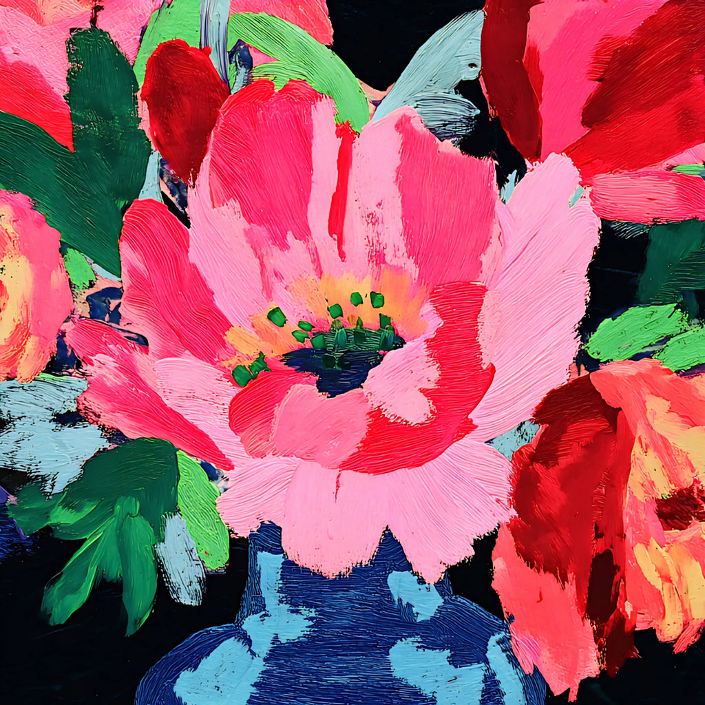 Colorful floral painting with pink and red flowers on a dark background