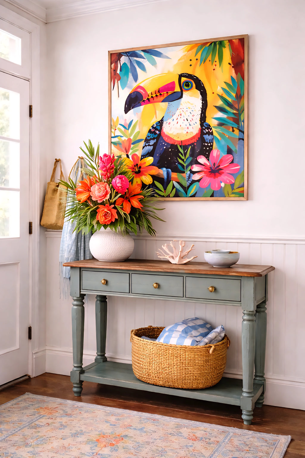 Tropical toucan printable wall art displayed in entry hallway