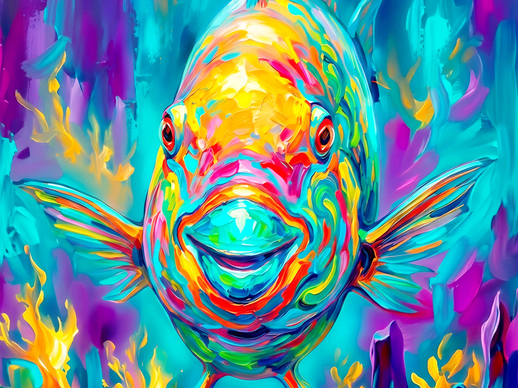 Vibrant colorful parrotfish wall art in bold neon tones, front-facing tropical fish illustration with expressive brushstrokes, modern ocean decor digital download in horizontal format for large statement prints.
