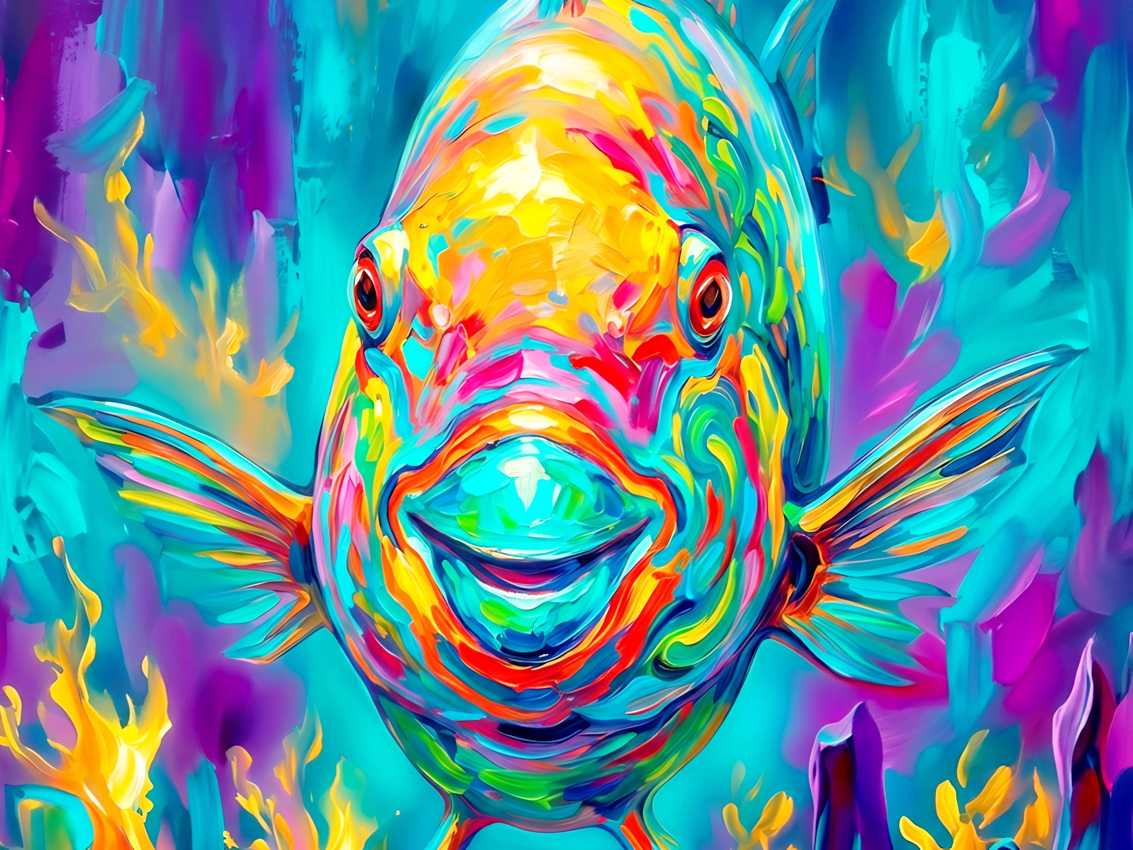 Vibrant colorful parrotfish wall art in bold neon tones, front-facing tropical fish illustration with expressive brushstrokes, modern ocean decor digital download in horizontal format for large statement prints.