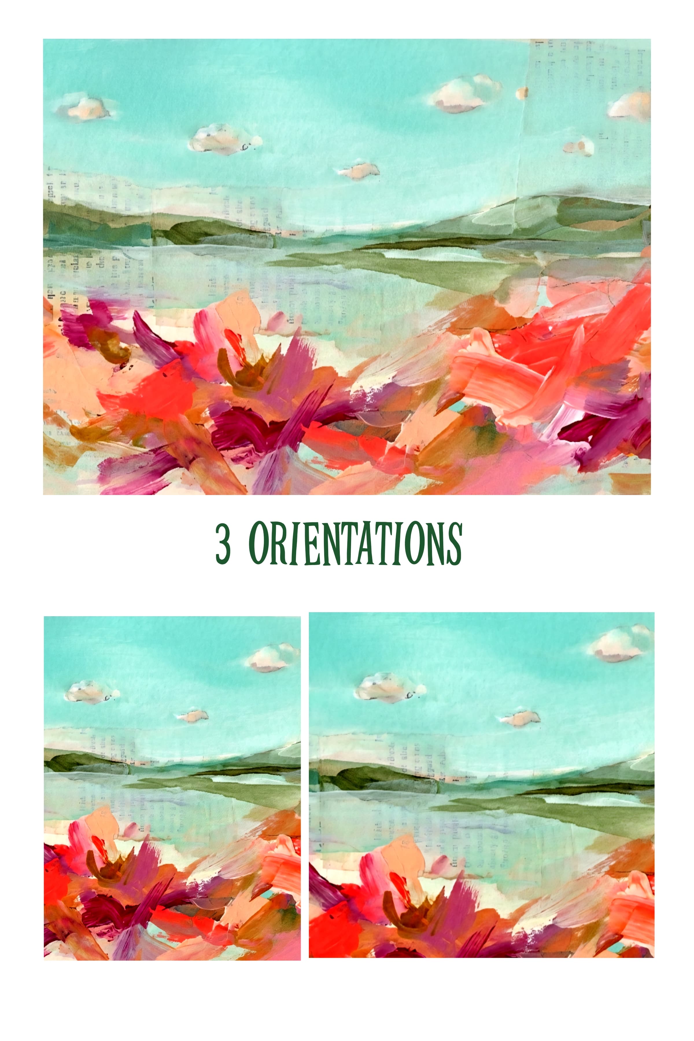 Colorful abstract landscape with flowers and text '3 Orientations' on a white background