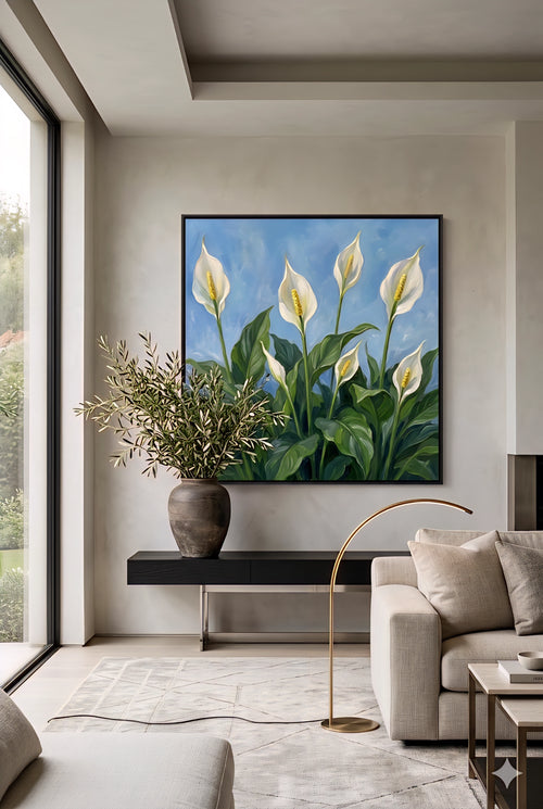 Savvy places framed peace lily wall art with white blooms and lush green leaves on a soft blue background displayed in a modern neutral living room, botanical printable decor digital download