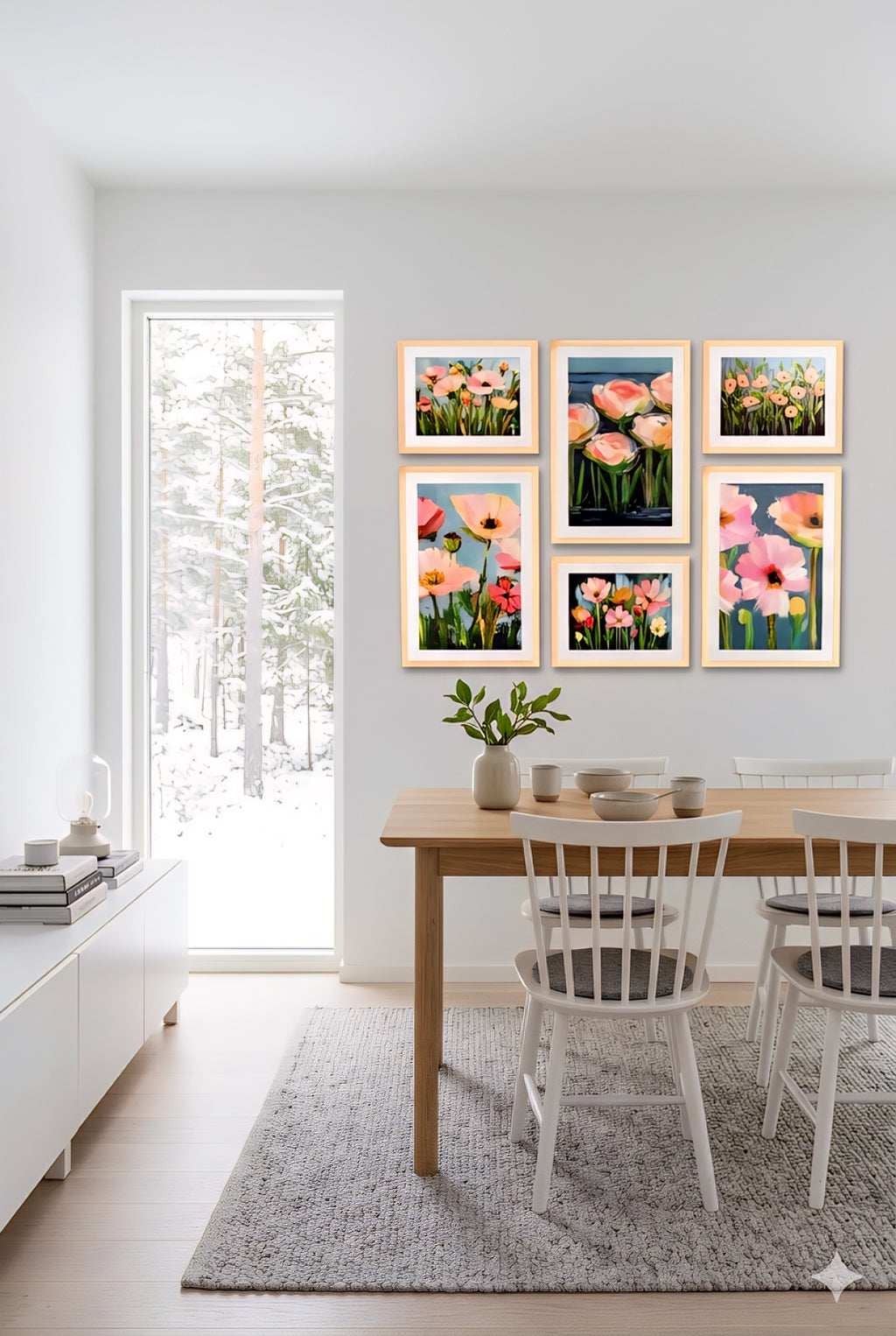 floral gallery wall art set of 6 printable flower prints in light wood frames styled in bright Scandinavian dining room with minimalist decor and soft natural light
