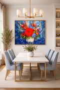 Savvy places colorful floral wall art digital download, bold red flower bouquet painting in elegant modern dining room, horizontal printable artwork in 3 orientations
