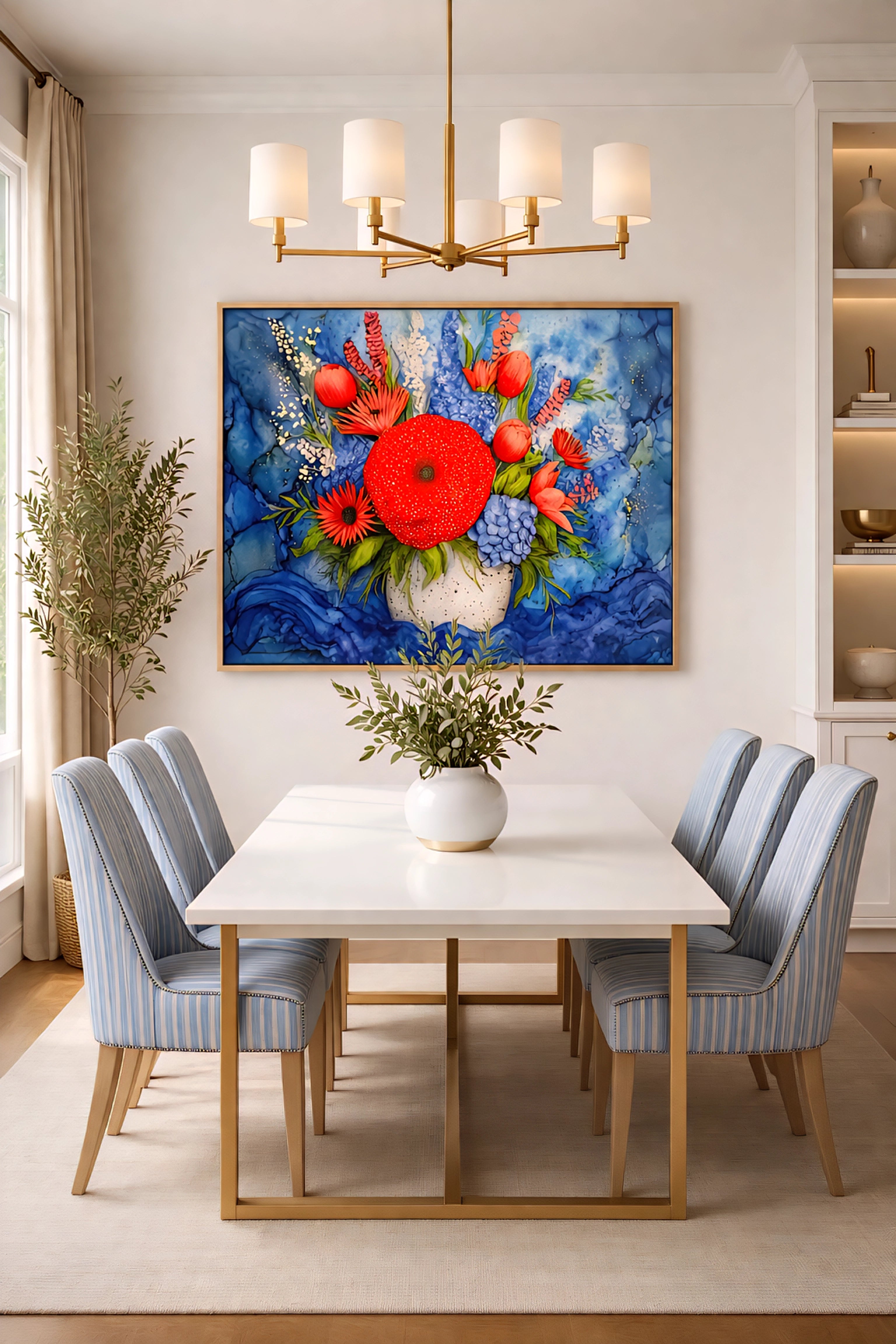 Savvy places colorful floral wall art digital download, bold red flower bouquet painting in elegant modern dining room, horizontal printable artwork in 3 orientations