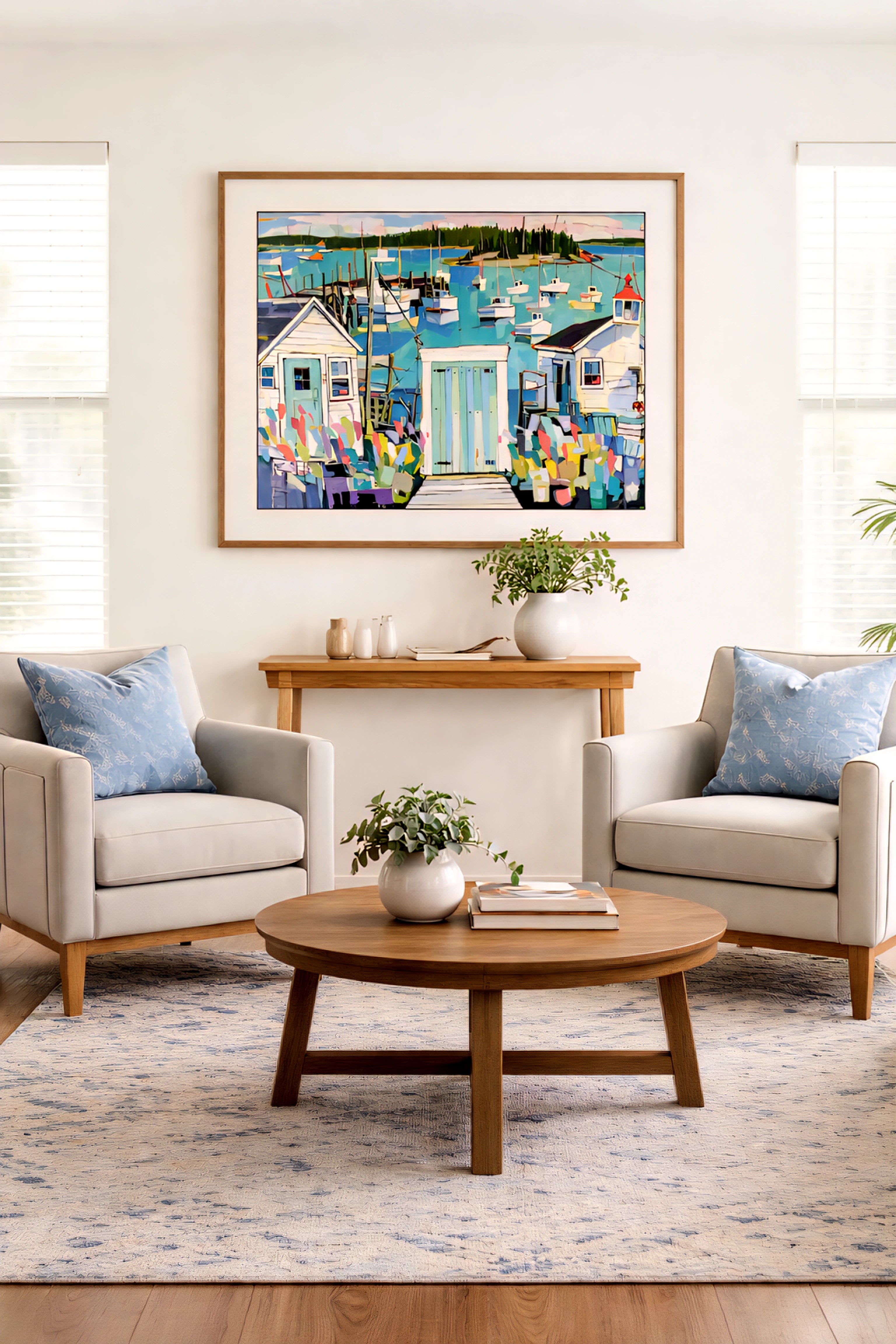 Coastal harbor wall art printable displayed in modern living room with neutral chairs and wood furniture, colorful nautical boats painting horizontal beach house decor