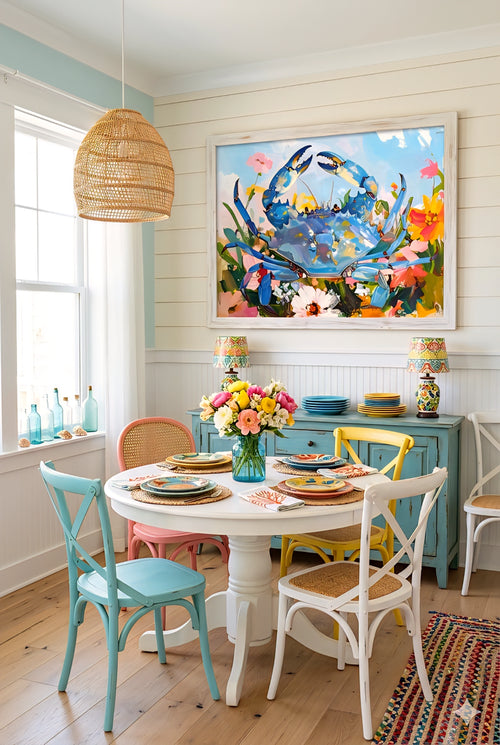 Colorful blue crab digital wall art in bright coastal dining room with pastel chairs, beach cottage decor, white table, and vibrant seaside styling