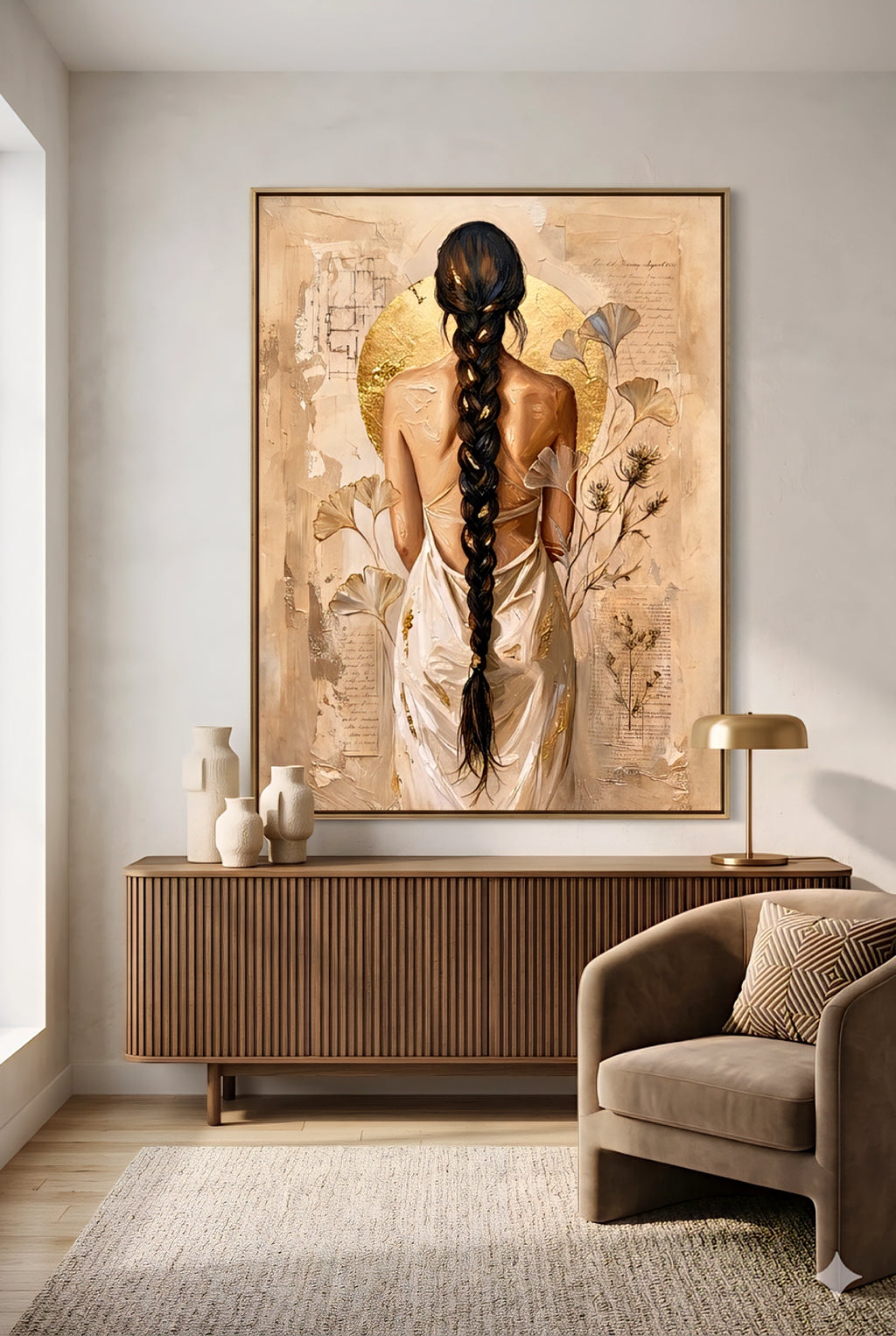 Large neutral boho wall art featuring a woman with a long braid and gold accents displayed above a modern wood console table with warm minimalist decor and soft beige tones