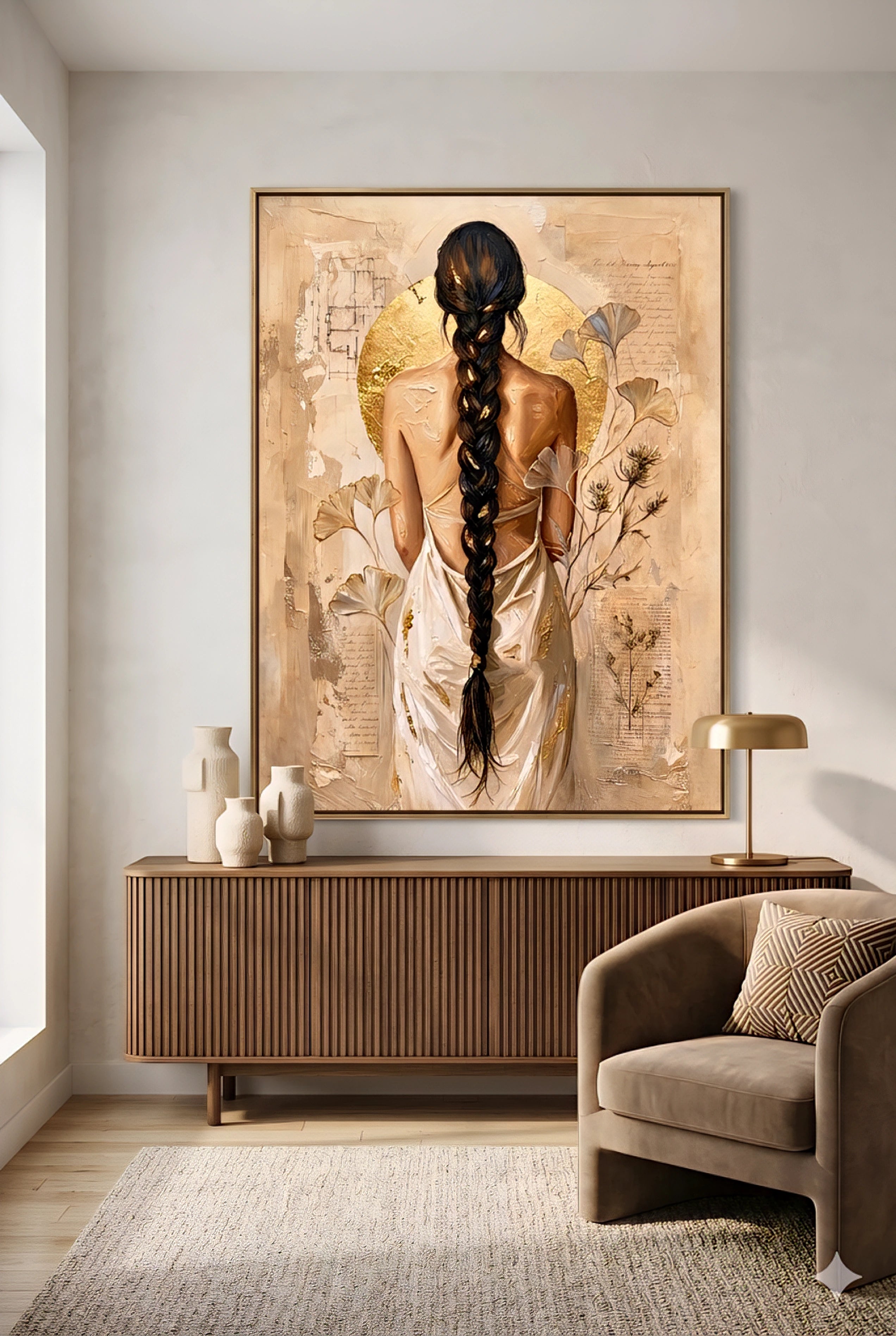 Large neutral boho wall art featuring a woman with a long braid and gold accents displayed above a modern wood console table with warm minimalist decor and soft beige tones